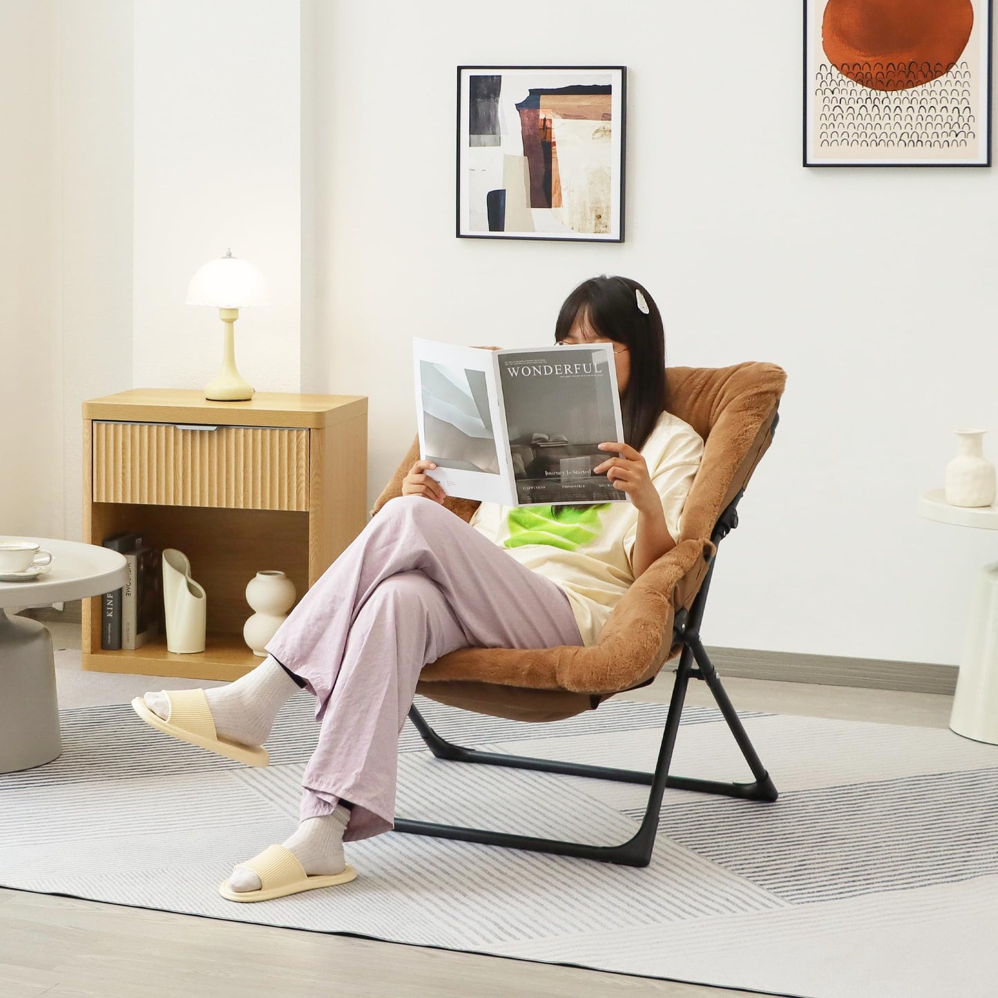 Mordchil EU Folding Saucer Chair, Comfy Faux-Fur Reading Chair, Foldable Oversized Accent Chairs for Teens, Adults