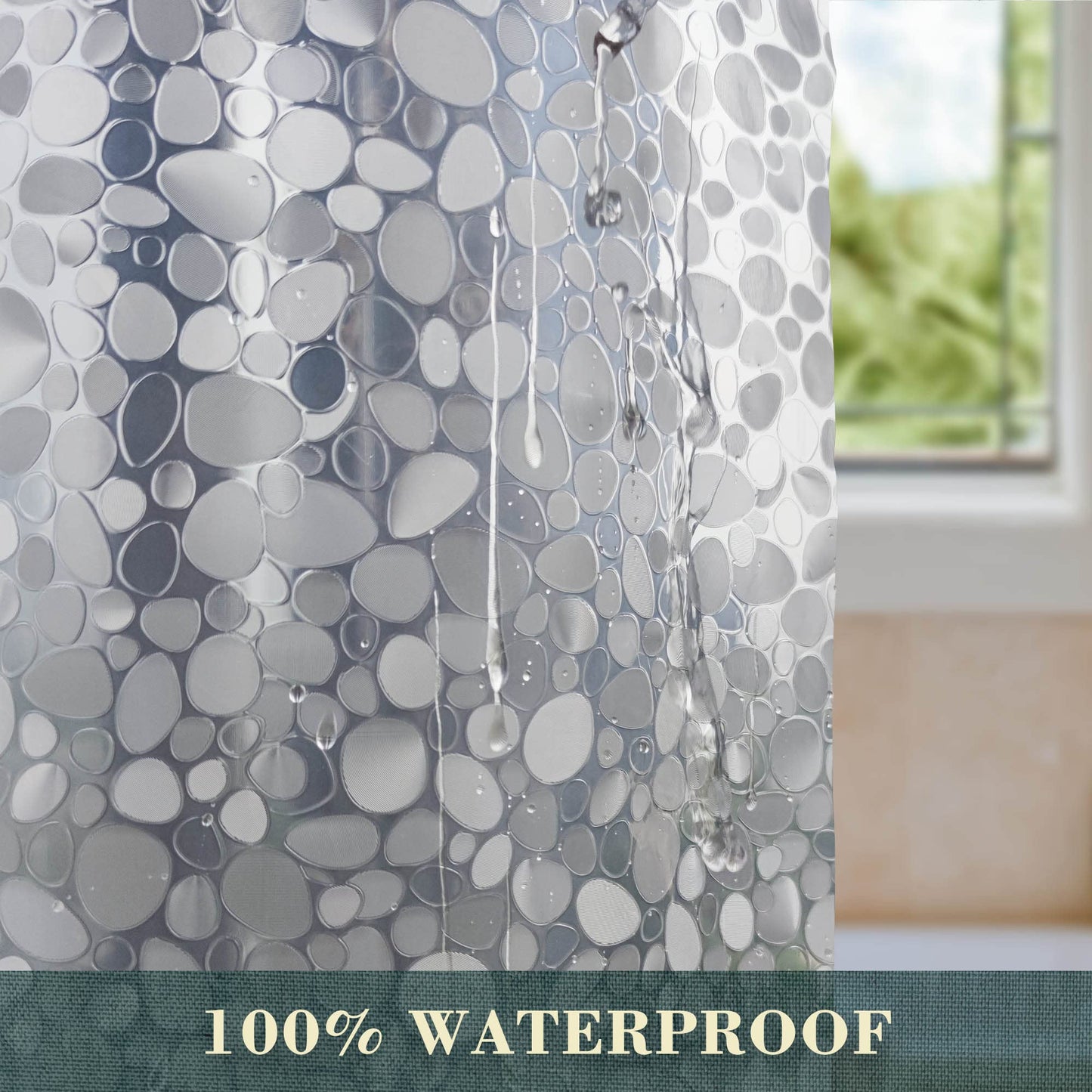 ABLUEN No Hook Shower Curtain or Liner - 8G Heavy Duty Cobblestone Bathroom Shower Curtain No Hooks Required, Waterproof Plastic & PVC Free