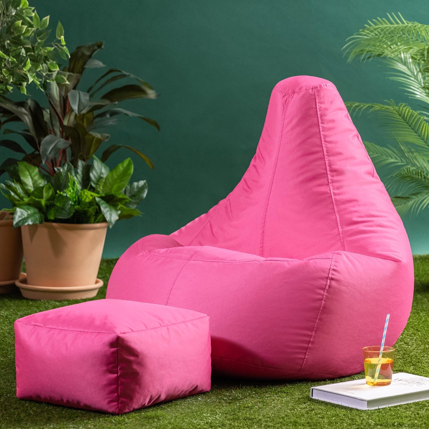 Bean Bag Bazaar Outdoor Bean Bag & Footstool with Filling Included, Pink