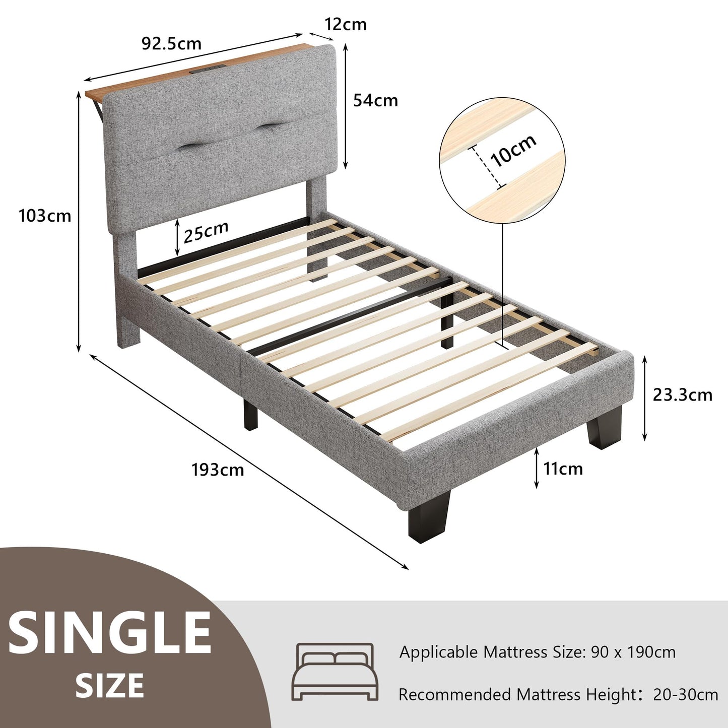 Feonase 3ft Single Bed Frame with Storage Linen Headboard, Upholstered Single beds with Charging Station, Sturdy Wooden Slat Support, Easy Assembly