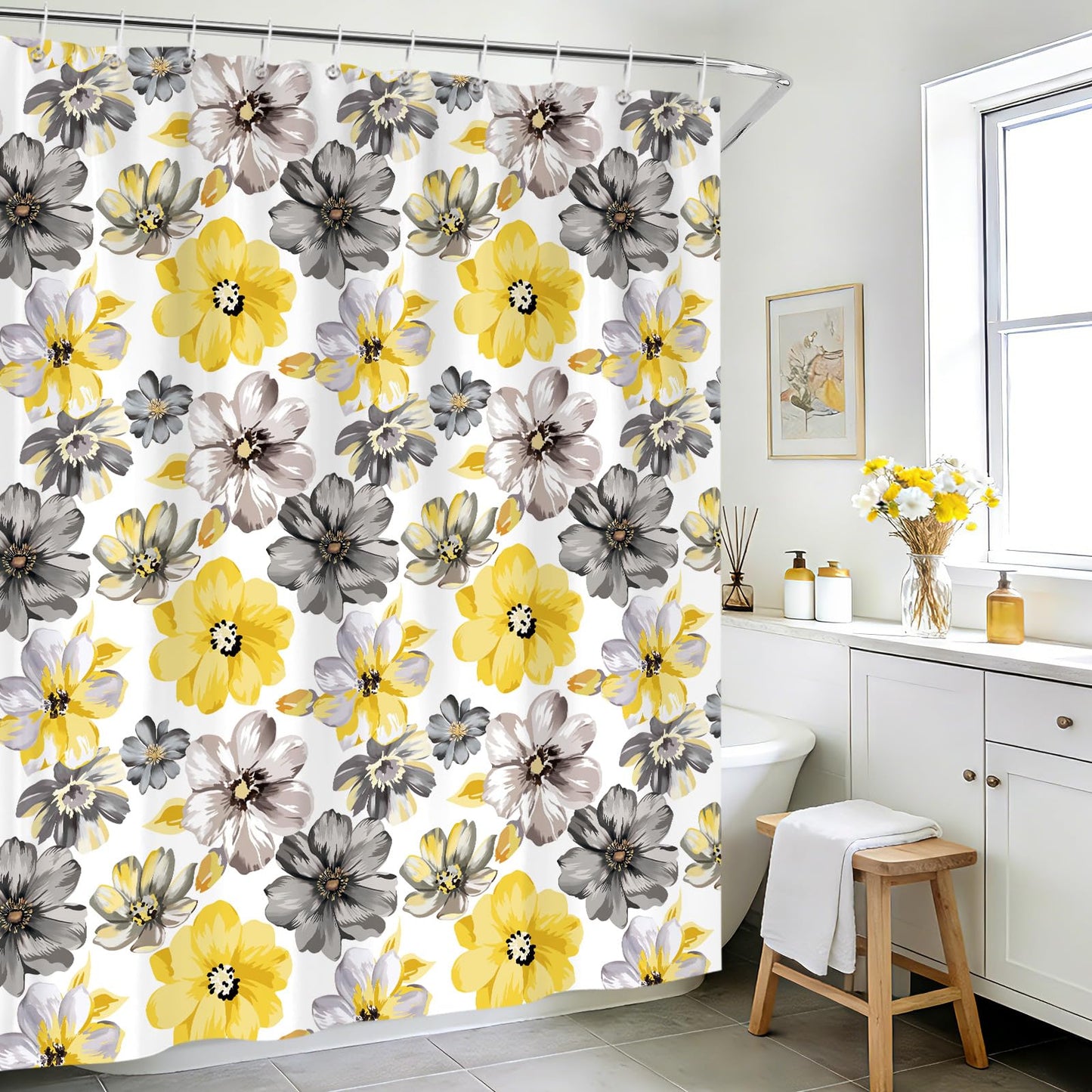 hometrixx Spring Farmhouse Floral Yellow Gray Shower Curtain 180x180cm