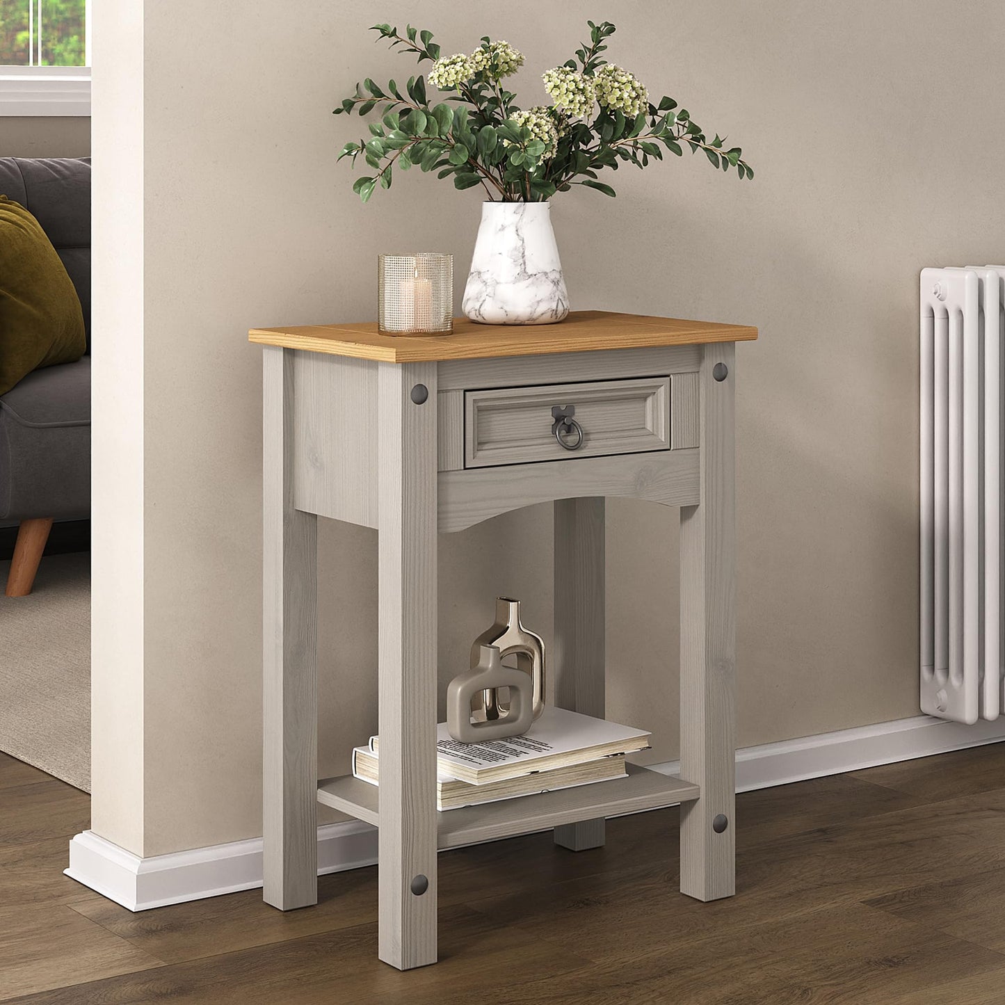 Corona Console Table Pine Grey Wax 1 Drawer Solid Wood Side Table W 53 x D 35 x H 73cm