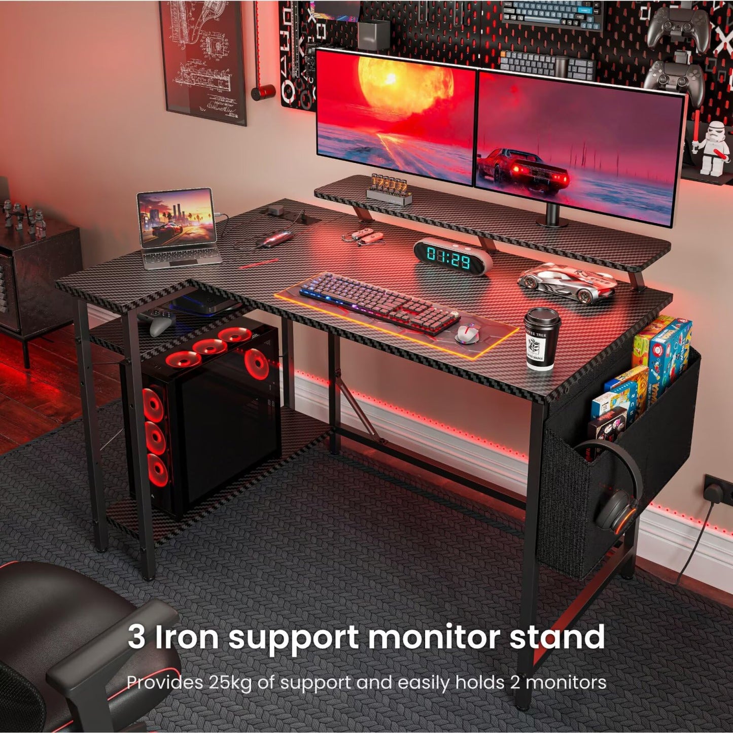 DOMSHOCT L Shaped Gaming Desk with LED Lights & Power Outlets, 140*80cm Corner Computer Table with Storage Bag & Adjustable Shelves & Large Monitor