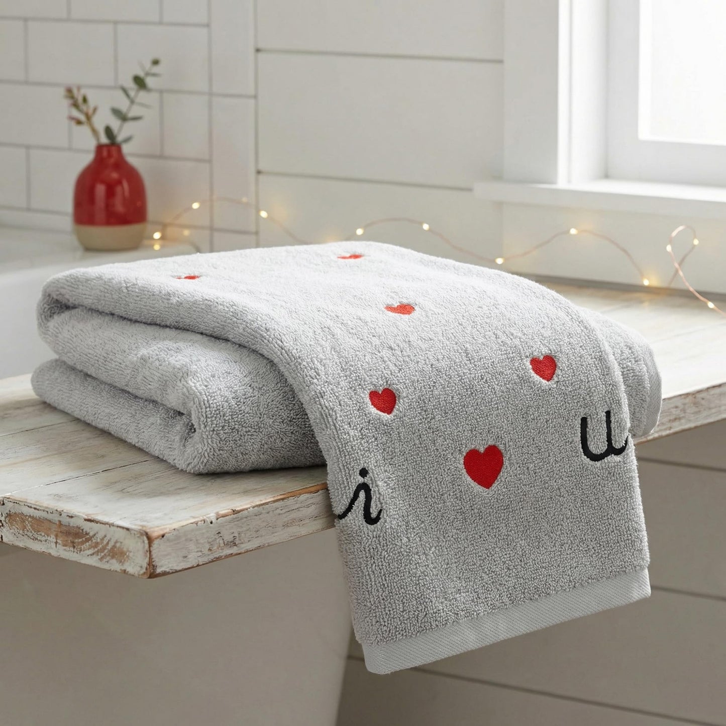 HMETOL Valentine's Day Cotton Letter Heart Love Pattern Hand Towels