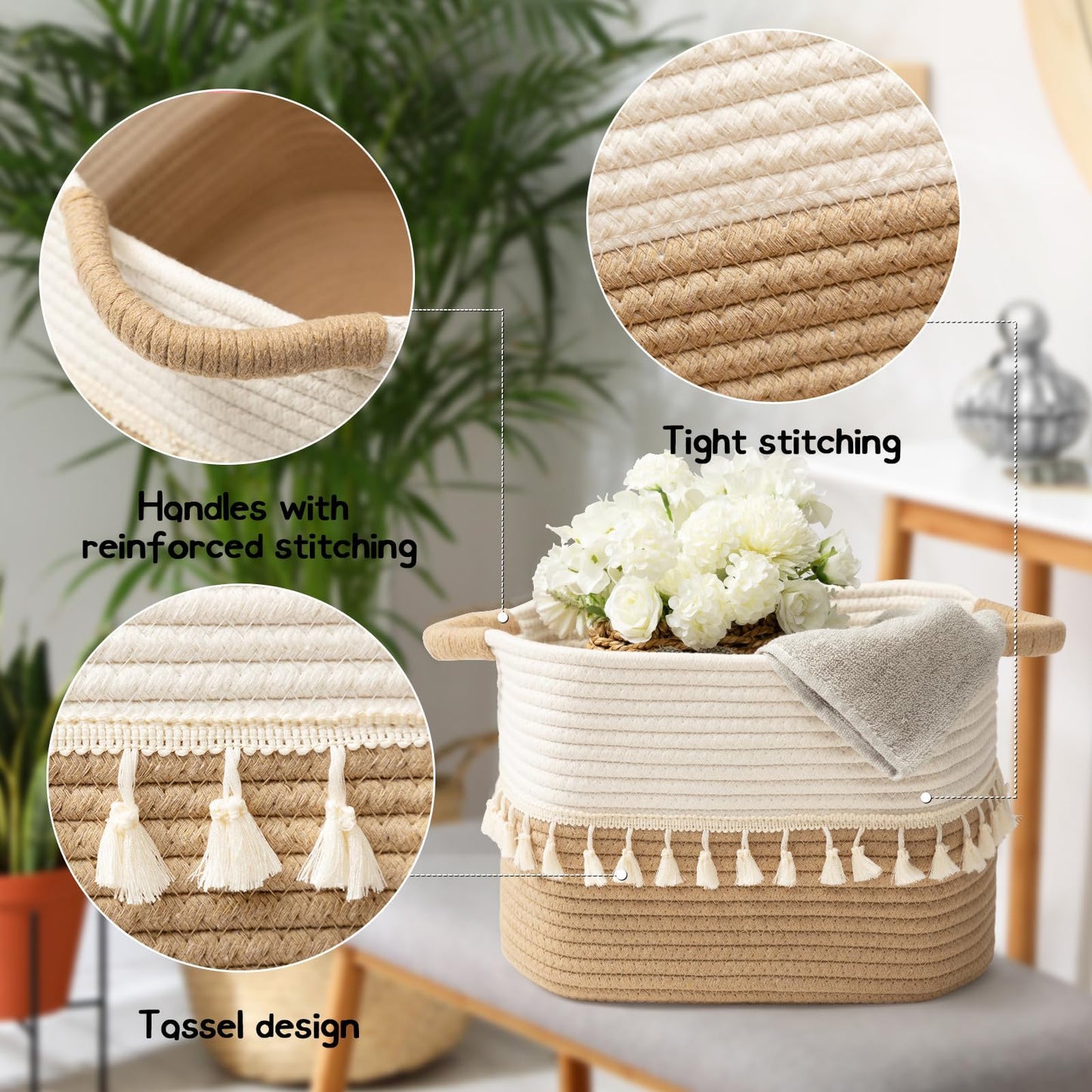 TeoKJ Storage Baskets 38x25x22cm – Woven Storage Basket with Tassels, Toy Basket with Handle, Rope Organizer for Living Room, Bathroom Baskets