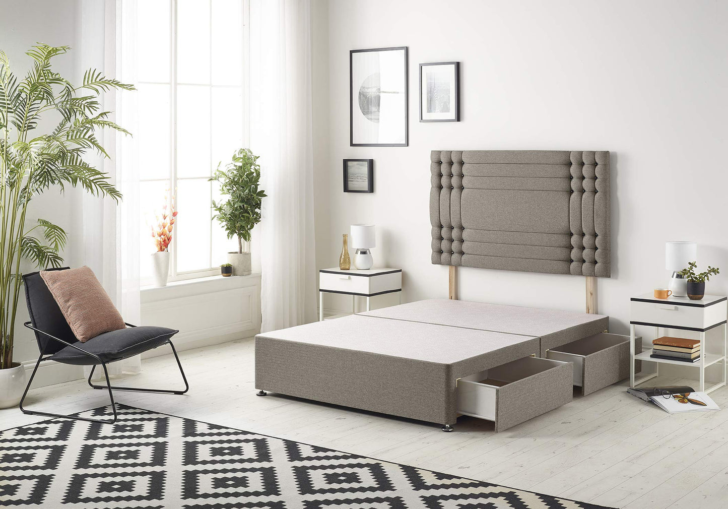 Bed Centre Flexby Divan Bed Base With 2 Drawers And Headboard Available in 3ft, 4ft, 4ft6, 5ft, 6ft, Fabric (Coffee Tweed Fabric, 3FT Single)