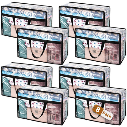 8 Pack Clear Plastic Storage Bags with Zips, 55L Foldable Clothes Storage Boxes Organizer with Reinforced Handle for Bedding, Blankets and Moving