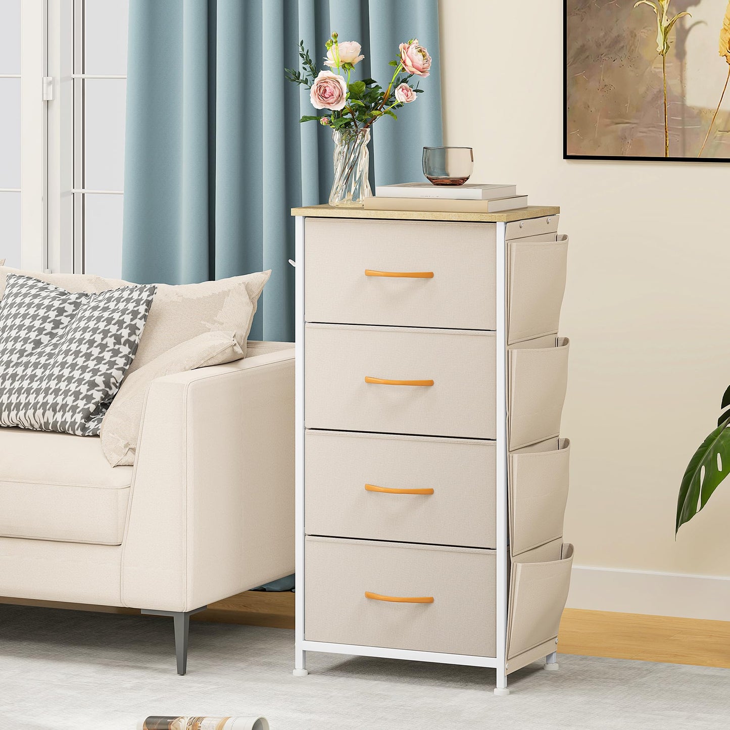DWVO Narrow Chest of Drawers with 4 Drawers, Fabric Chest Drawers with Side Pocket&Hooks,Easy Pull Handle,Sturdy Steel Frame for Bedroom,Living