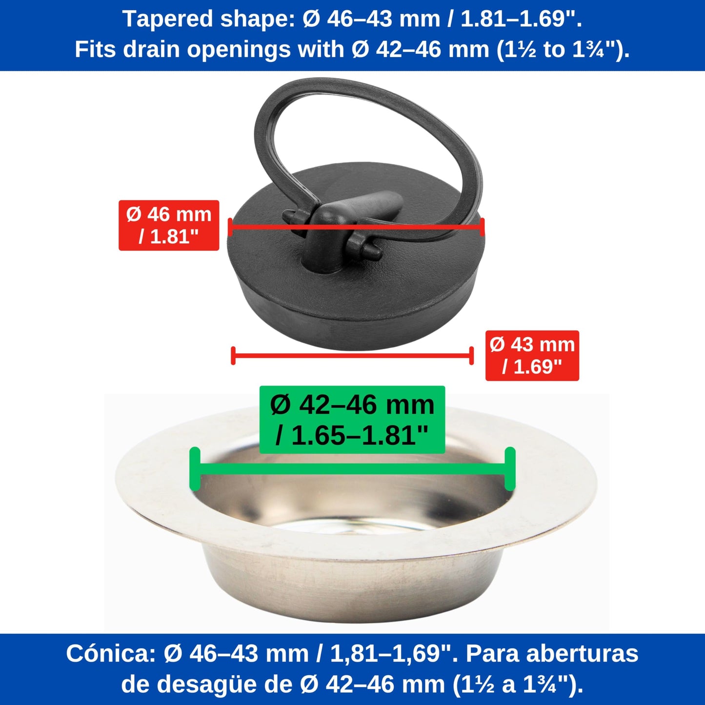 Universal stopper, 2 pieces, in black, Ø 46 on 43 mm top on bottom, PVC drain stopper for 1 3/4" inch valve tops, drain stopper sink, sink stopper