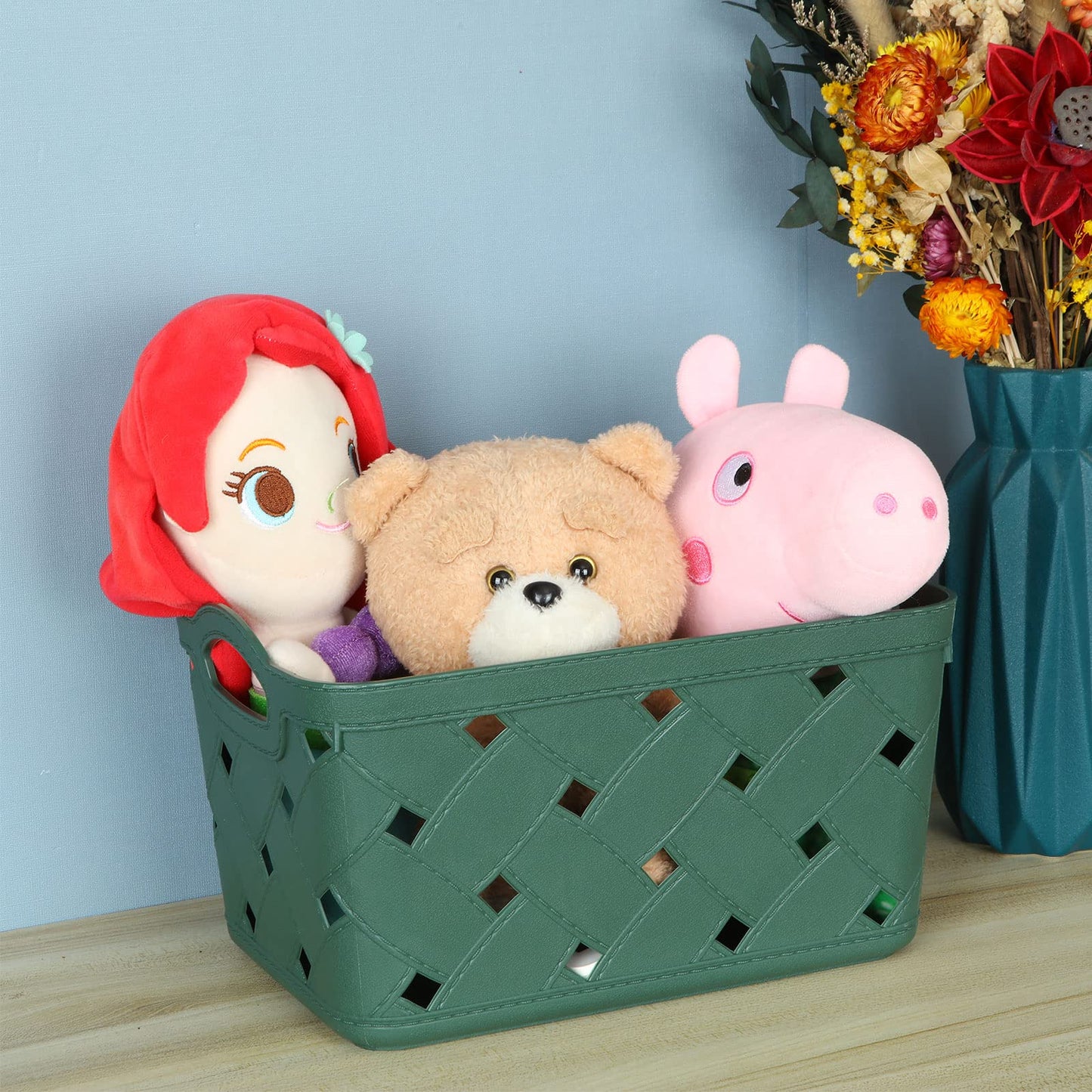 ASelected 5 Pack Plastic Woven Storage Basket With Handles, Small 24x16x14cm, Beautiful Fashionable, Skin Pattern Cross Woven, For Kitchen
