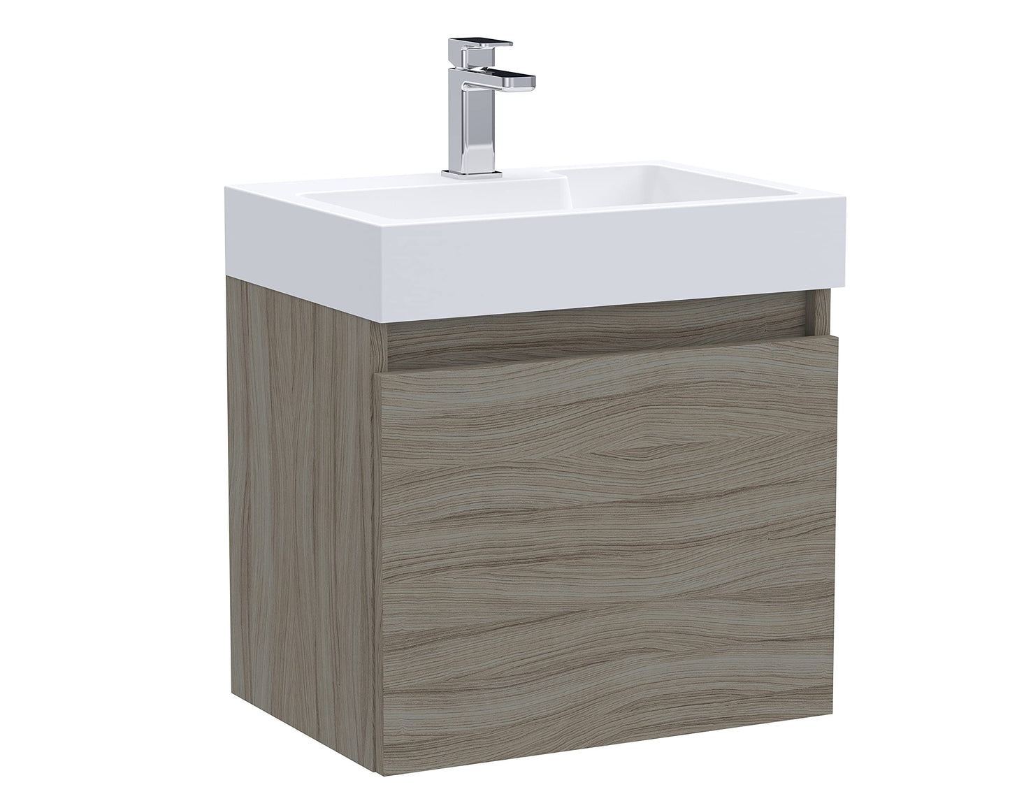 Nuie MER002 Merit ? Modern Bathroom Wall Hung Contemporary Cloakroom Single Door Vanity and Polymarble Basin, 500mm x 520mm, Driftwood, 500 mm
