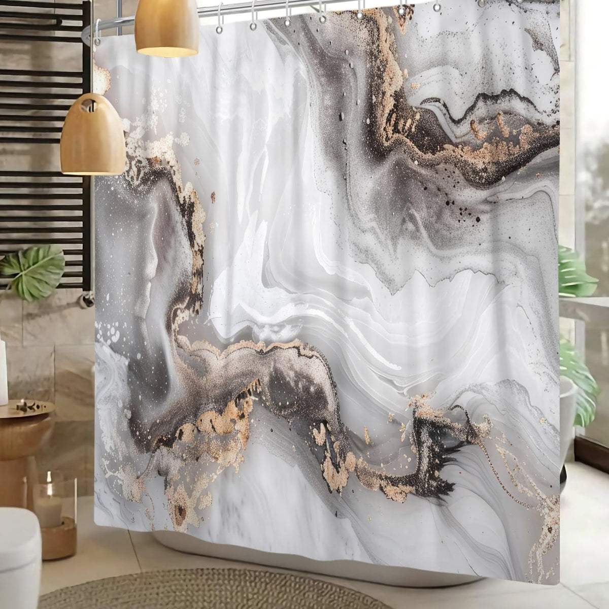 ASDCXZ Marble Shower Curtain, Grey, 180 x 200 cm, Modern Abstract Grey, White, Gold Gradient, Marble Look, Texture, Washable Bathroom Shower Curtains