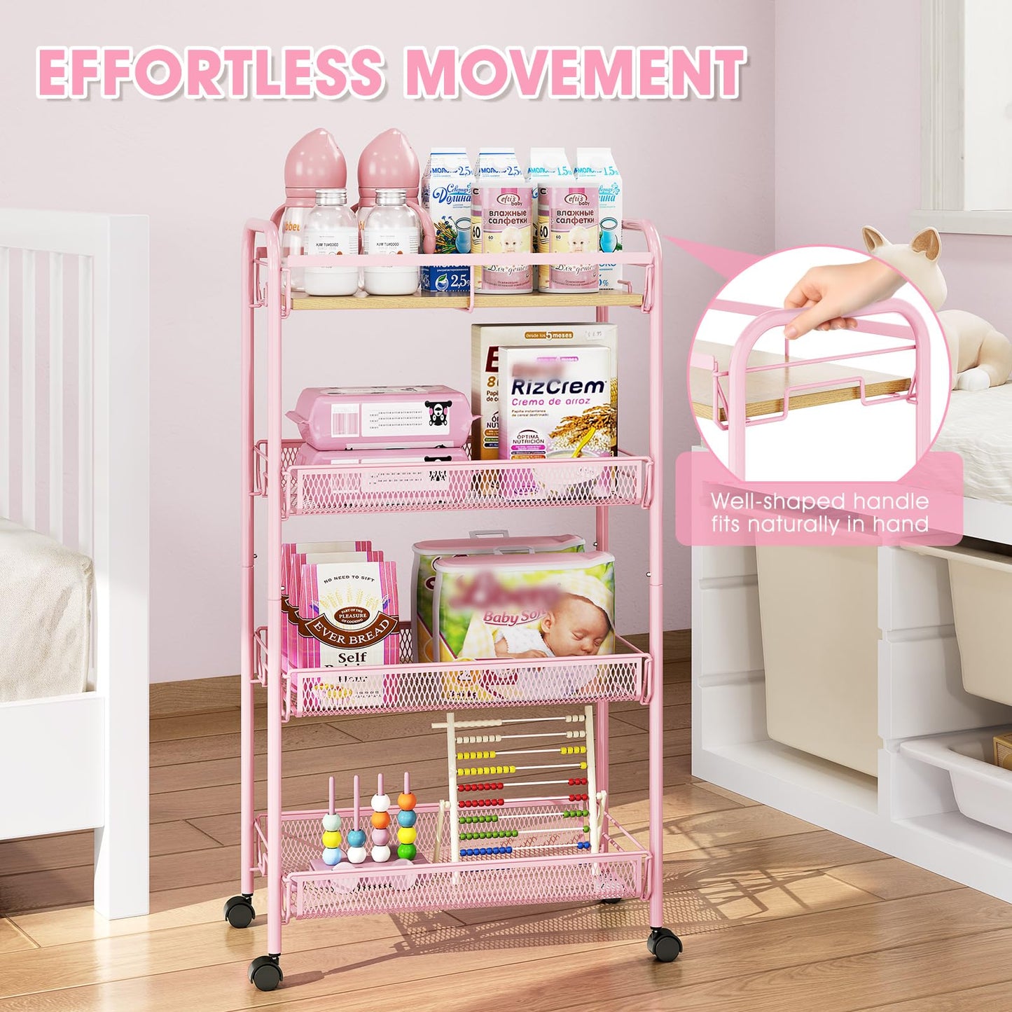 KINGRACK 4-Tier Rolling Cart with Wooden Tabletop & Mesh Baskets, Slide Out Metal Utility Cart
