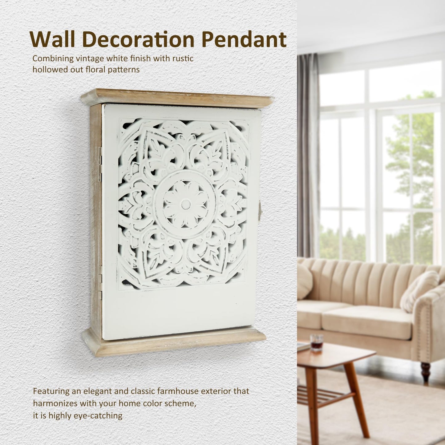 NIHUIFDPY Wooden Key Cabinet Wall Mounted, Decorative Hollow Design Key Storage Box 6 Hooks