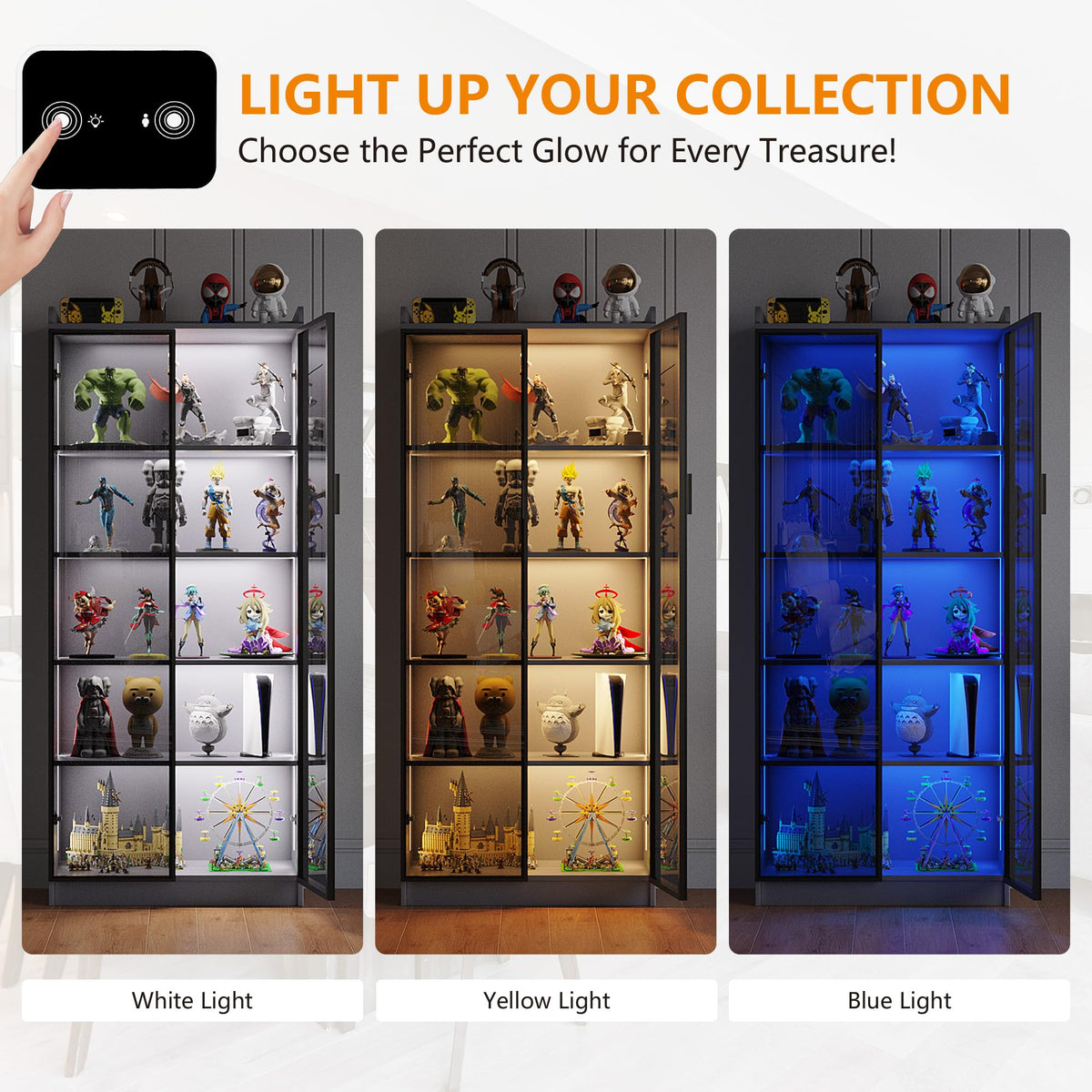 FREDEES LED Display Cabinet with 2 Doors and Adjustable Shelf, 165CM, Grey