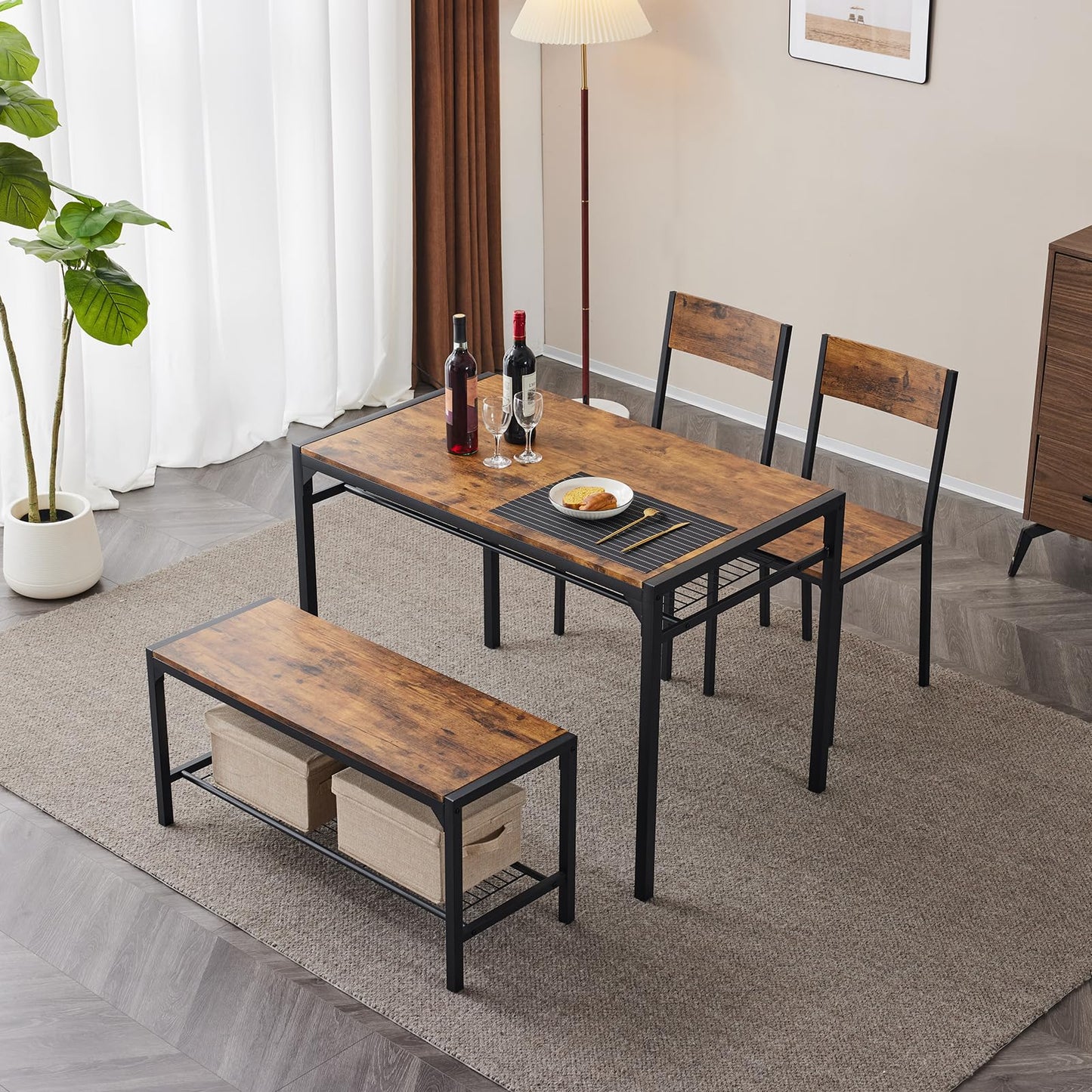 Bonnlo 4 Piece Dining Table Set for 4, Kitchen Table with 2 Chairs and a Bench, Space Saving Small Dining Set with Storage Shelf