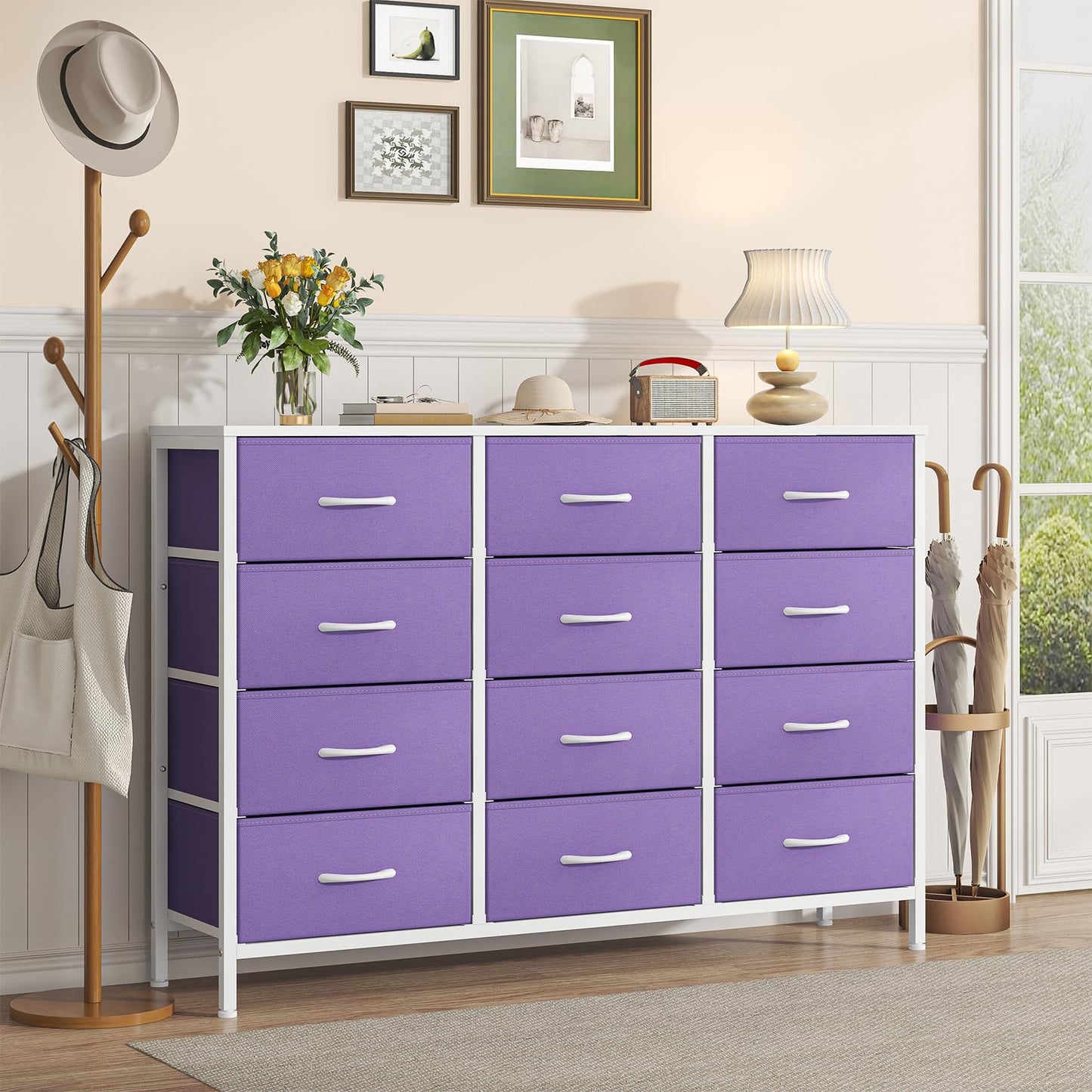 GoaHi Chest of Drawers with 12 Drawers,Bedroom Drawers, Fabric Dresser with Wood Top,Drawer Storage Unit for Bedroom, Living room,Purple