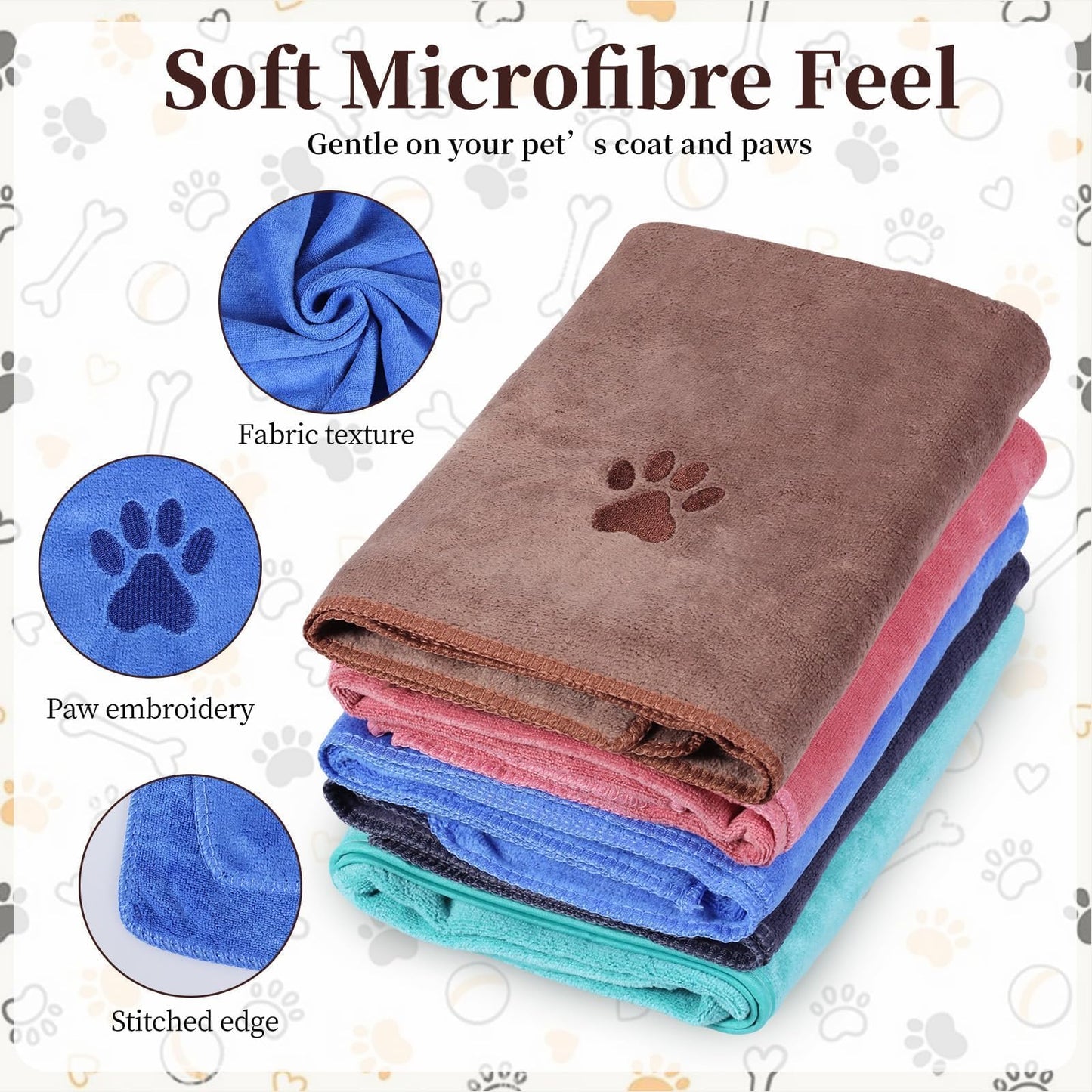 5 Pack Dog Towels for Drying Dogs, 35 x 75 cm Microfiber Towels