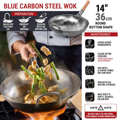 YOSUKATA Silver Round Bottom Woks and Stir Fry Pans 36 cm - Chinese Hammered Carbon Steel Pow Wok - Traditional Chinese Japanese Cookware - Carbon