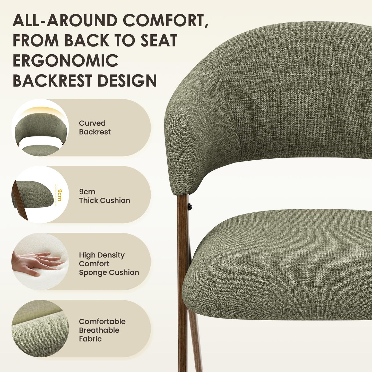 COLAMY Ergonomic Linen Dining Chair with 135° Recline, Breathable Cotton-Linen Fabric, Wooden-Look Metal Legs, 125kg Capacity