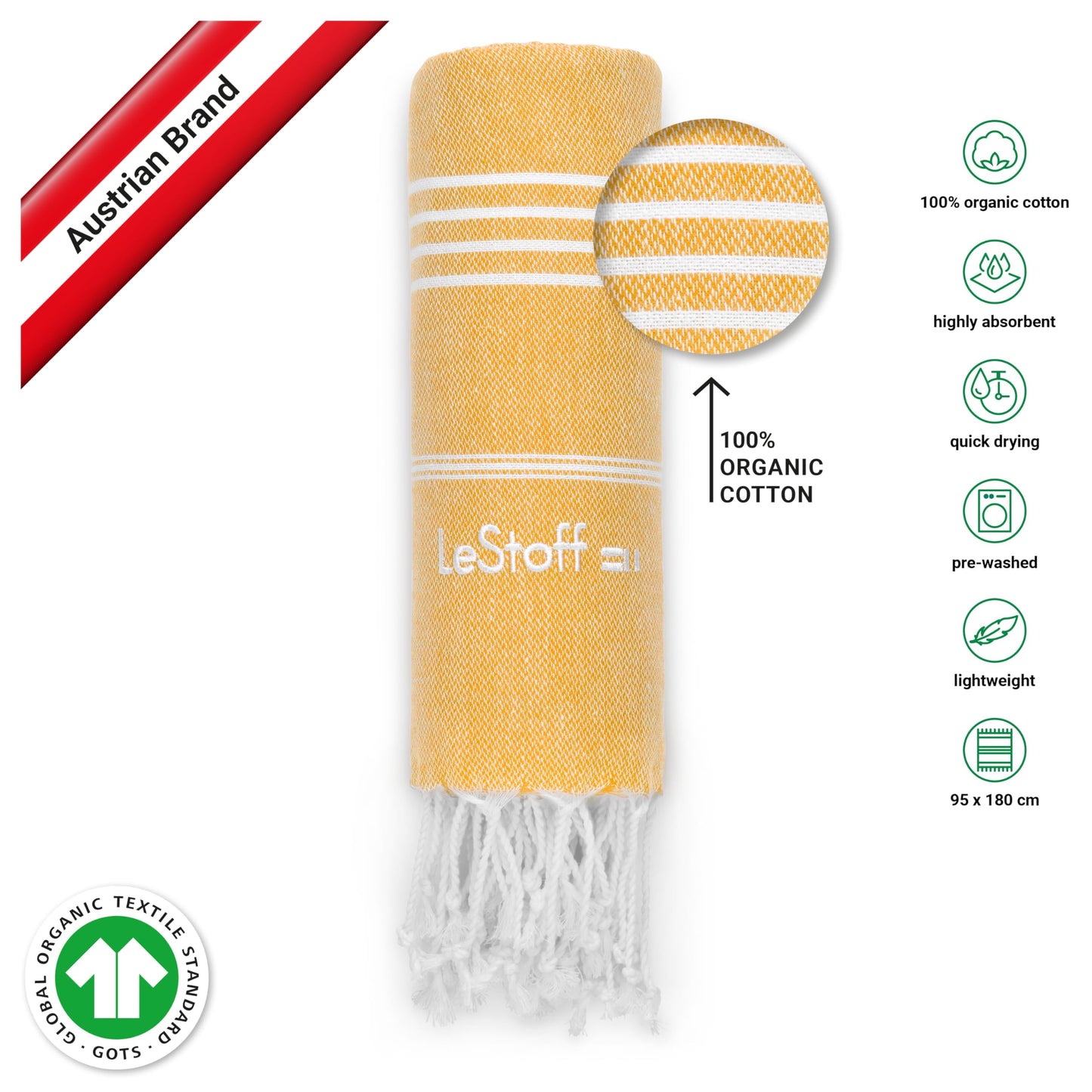 LeStoff 2 Hammam Towels/Beach Towels, 100% Organic Cotton, Turquoise/Yellow