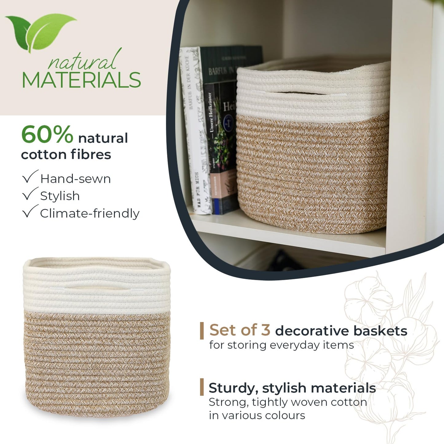 HMF Storage Basket with Hidden Handles, Set of 3, Cotton Basket, 37.5 x 25 x 22.5 cm, White/Brown