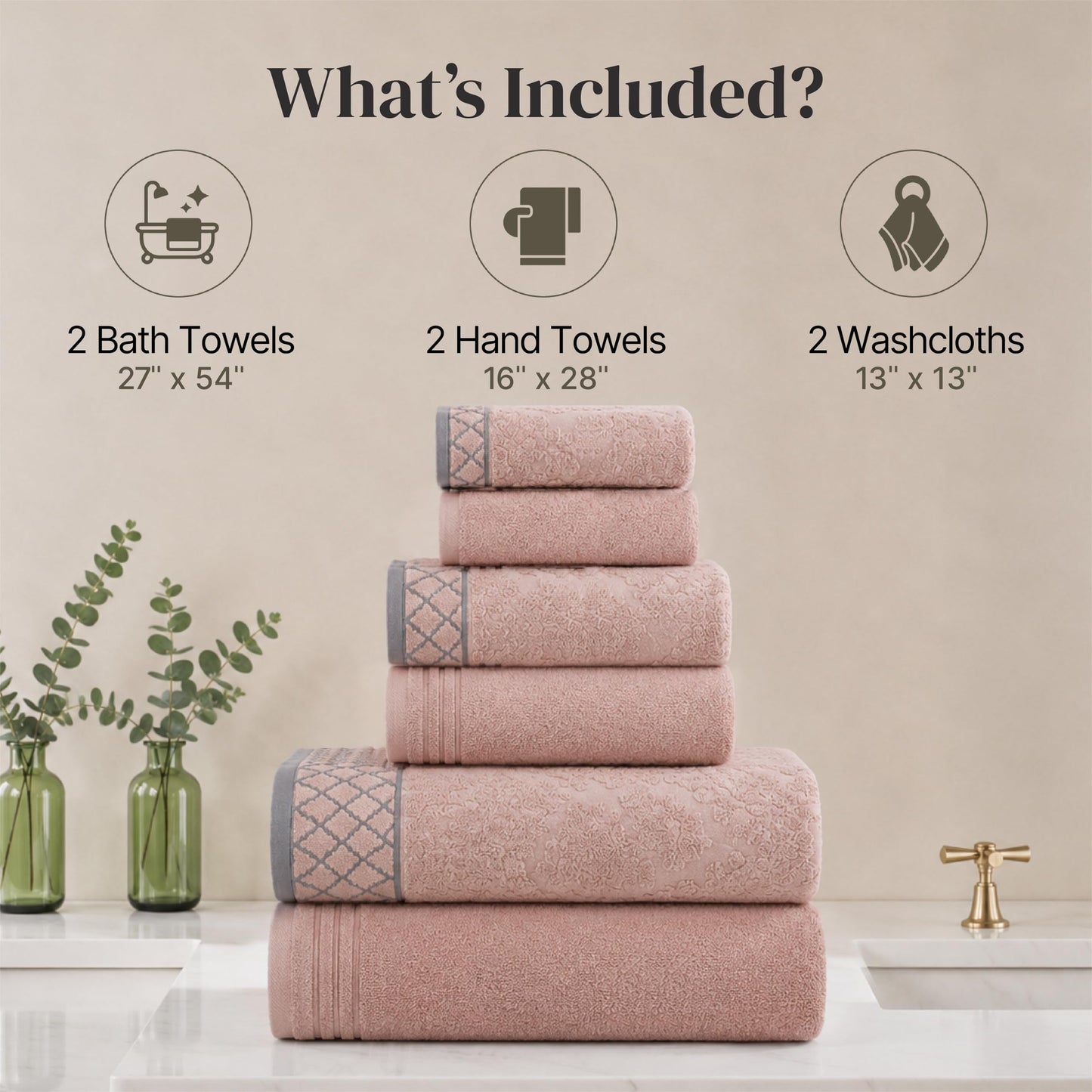 Pacific Coast Textiles Damask Jacquard Towels with Embellished Border, Cotton, Peach, Set of 6