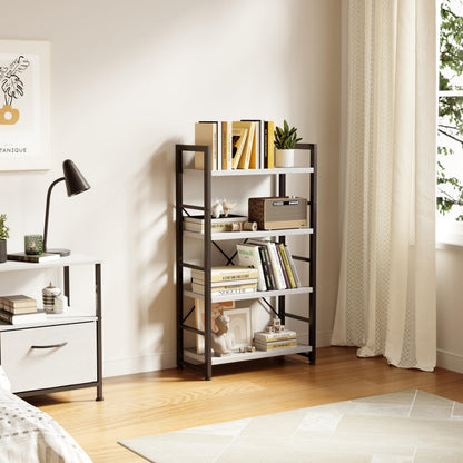 VERMESS Industrial Bookshelf, 4-Tier 24inch White Shelving Unit Wood Bookcase with Open Shelves, Rustic Standing Bookshelves Metal Frame Display Rack