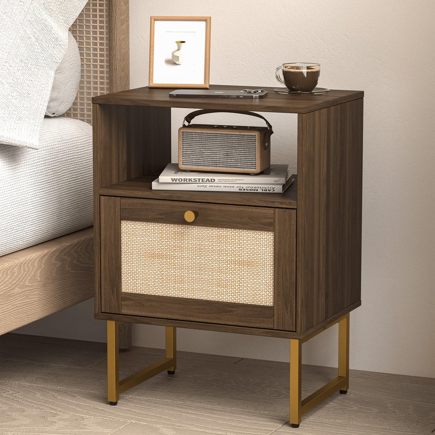 JERX Rattan Bedside Table, Farmhouse Wood Nightstand with Storage Drawer and Open Shelf Small Bedside Cabinet for Bedroom,Living Room,Office Walnut