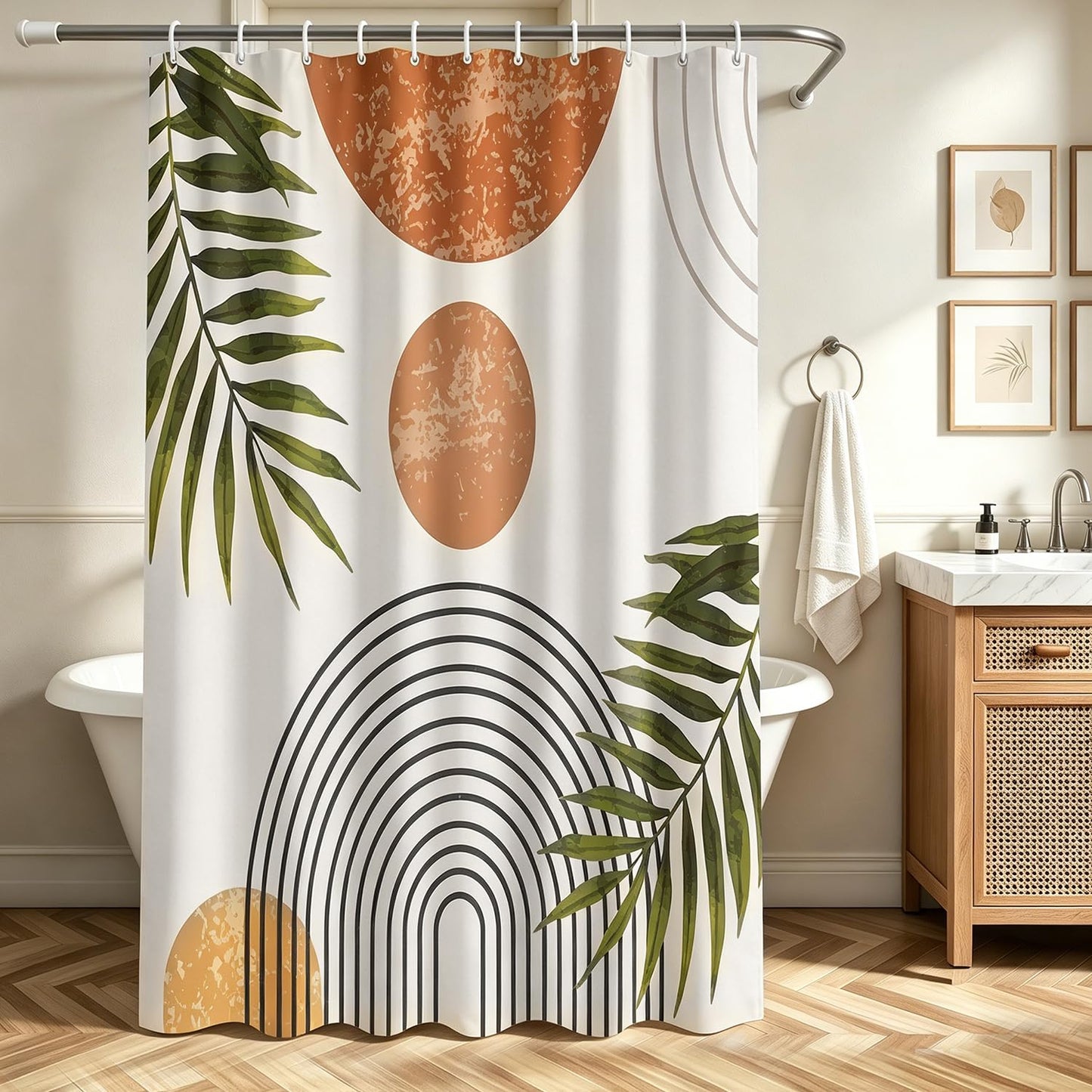 Lerores Shower Curtain, 150 x 200 cm, Leaf Line, Weighted Hem, Anti-Mould Textile, Water-Repellent