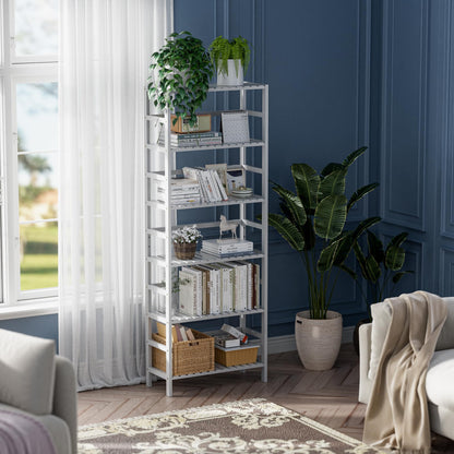 HITNET White Bookshelf, 6-Tier Adjustable Tall Bookcase, Bamboo Book Shelf Organizer, Free Standing Storage Shelving Unit, Display Flower Plant Stand