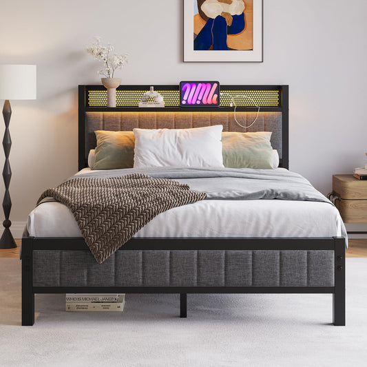 BORPHOM Double Bed Frame with Wooden Storage Headboard,Charging Station,LED Lights,Metal Platform Upholstered Bed Frame Double Bed with Strong Metal