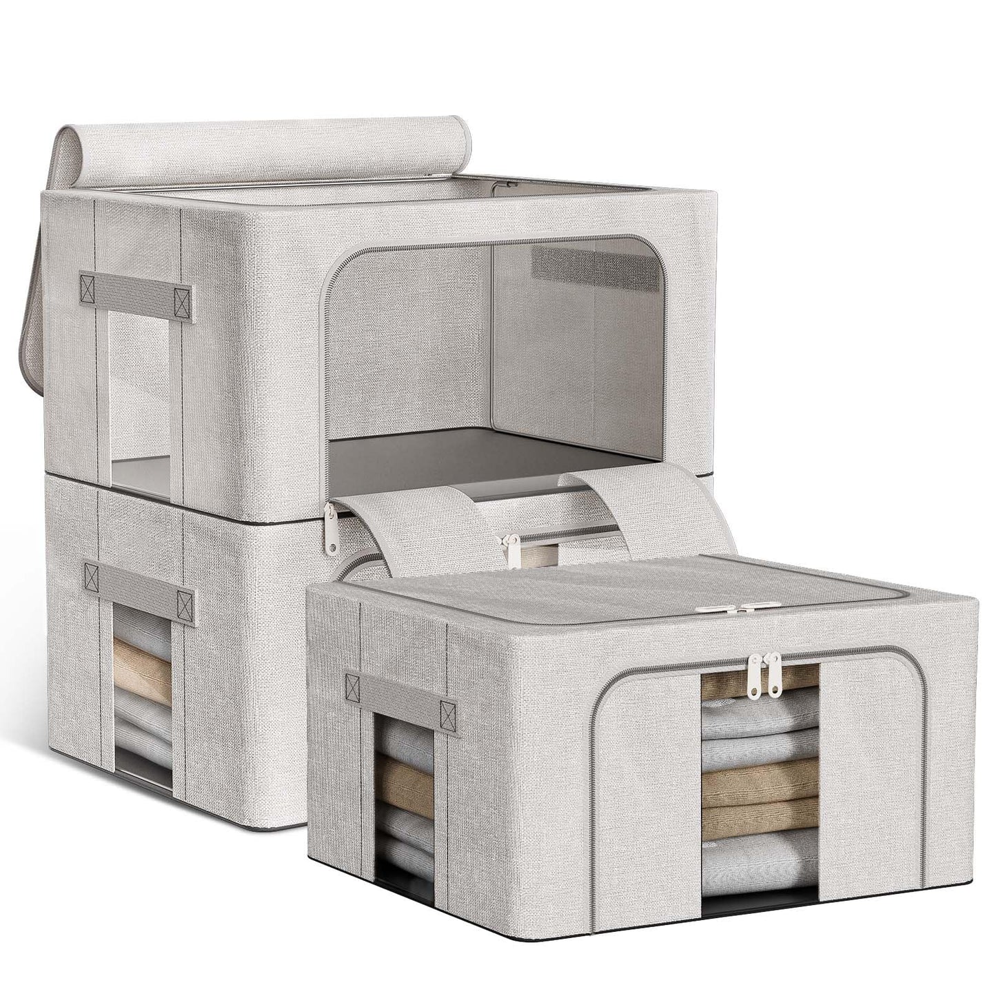 Boic 3 Pack Clothes Storage Boxes With Metal Frame, 100L Foldable Storage Boxes For Clothes