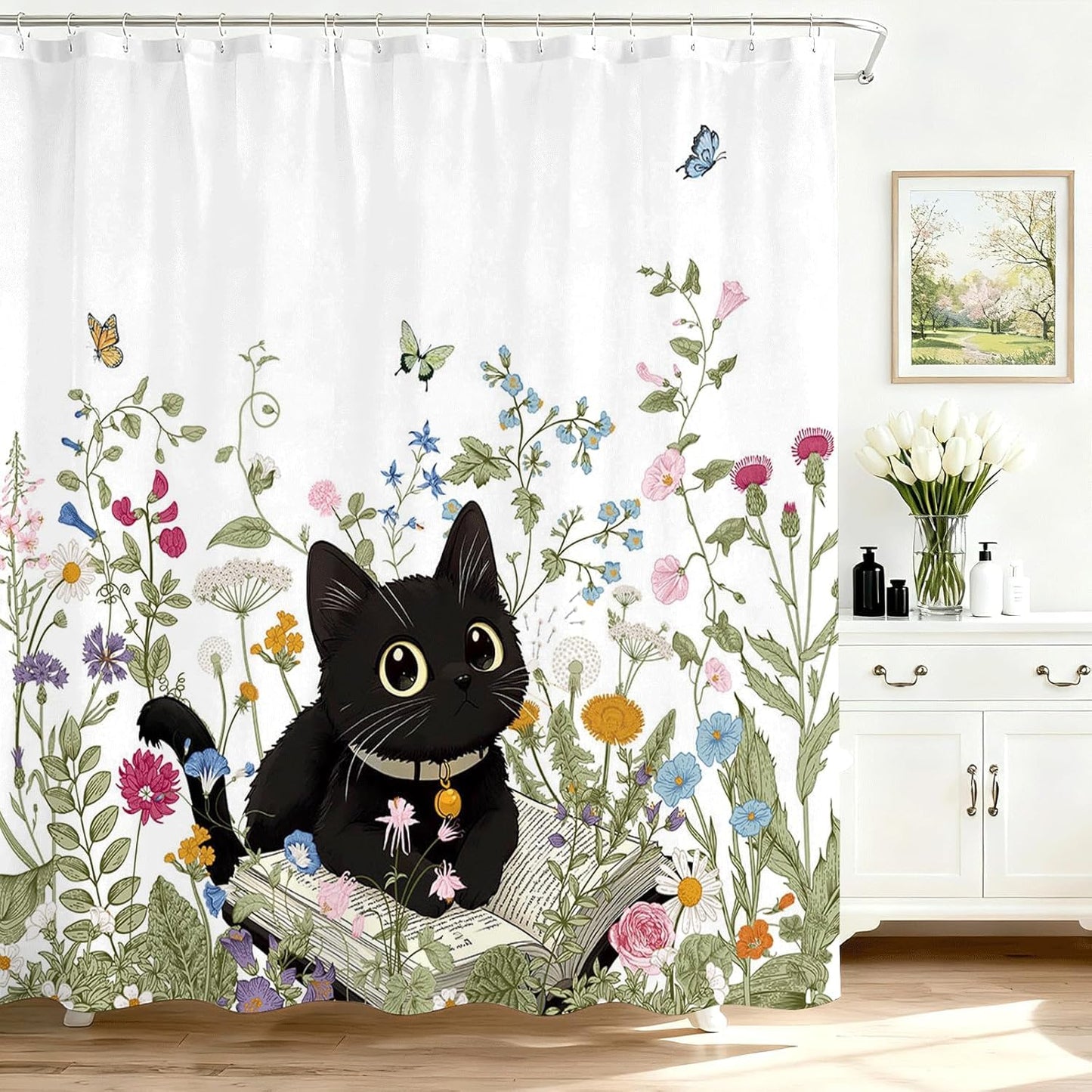 Avezano Cat Shower Curtain Cute Black Cat Floral Bathroom Shower Curtain Flower Kids Waterproof Fabric Shower Curtains Bathtub Decor with 12 Hooks 72
