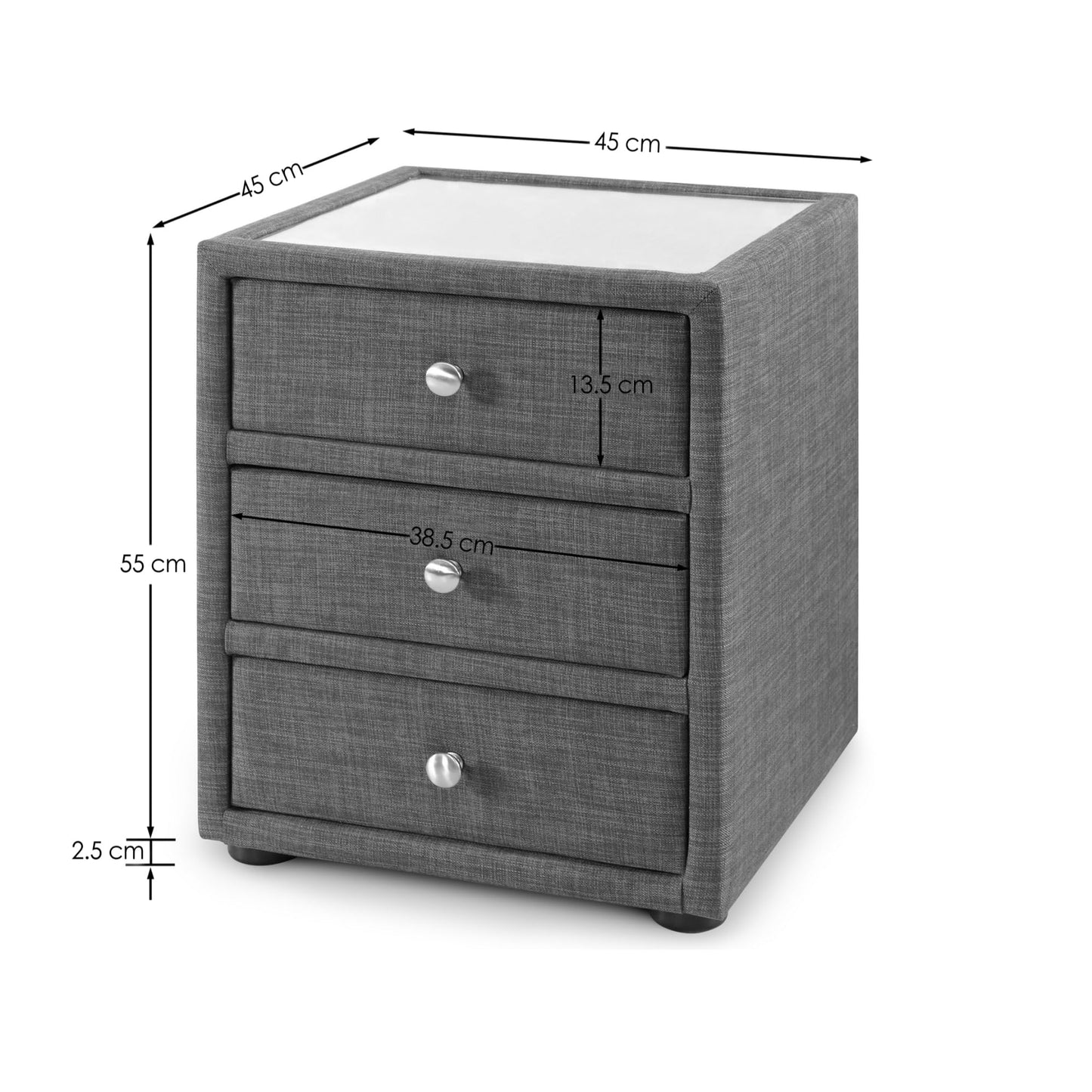Julian Bowen Sorrento Bedside Table, 3 Drawer, Grey - H55 x W45 x D45cm