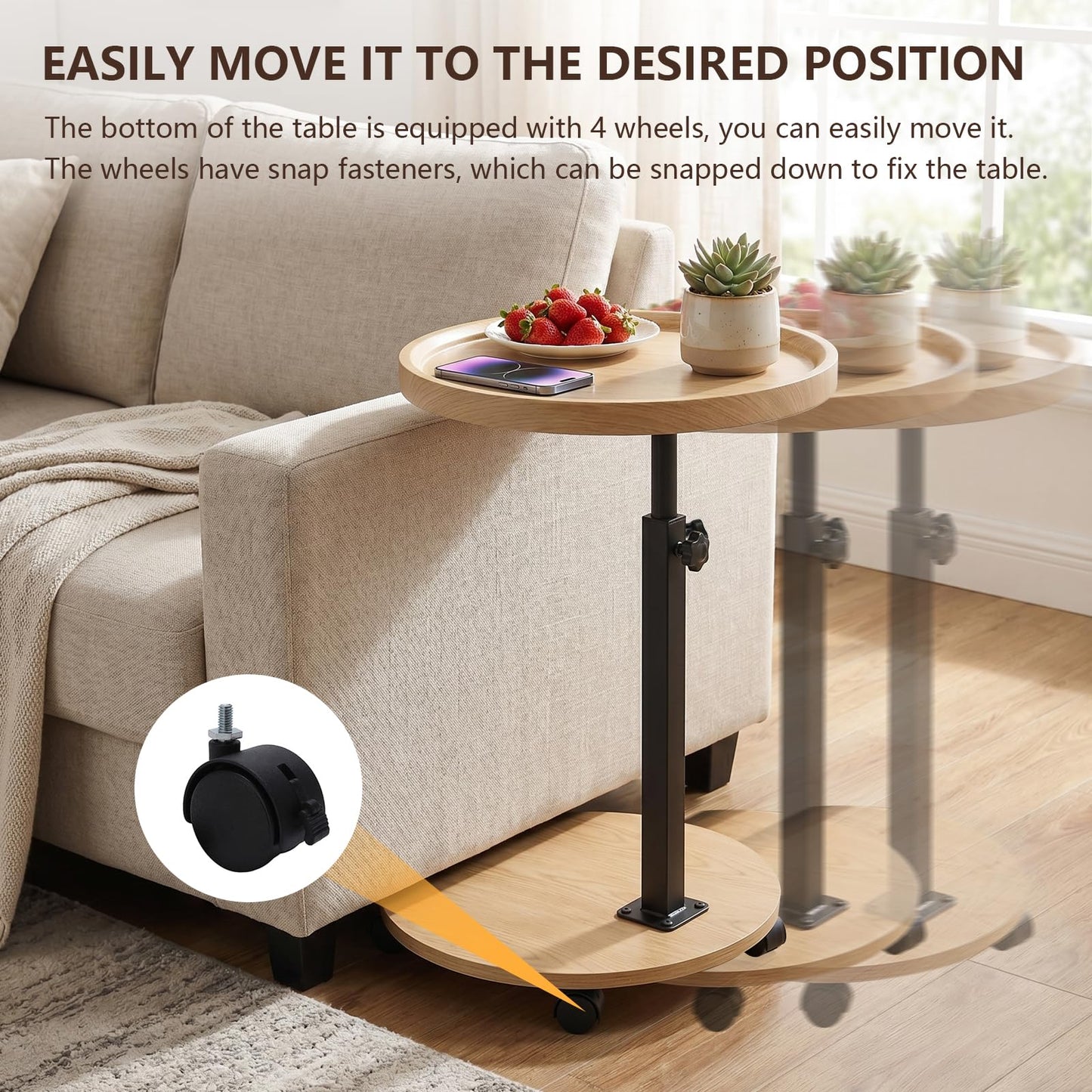 OUAYEMEL Side Table Adjustable Height, 360°Swivel End/Bedside Tables with Wheels for Sofa Bedroom Office Living Room, Coffee Tables for Small Spaces