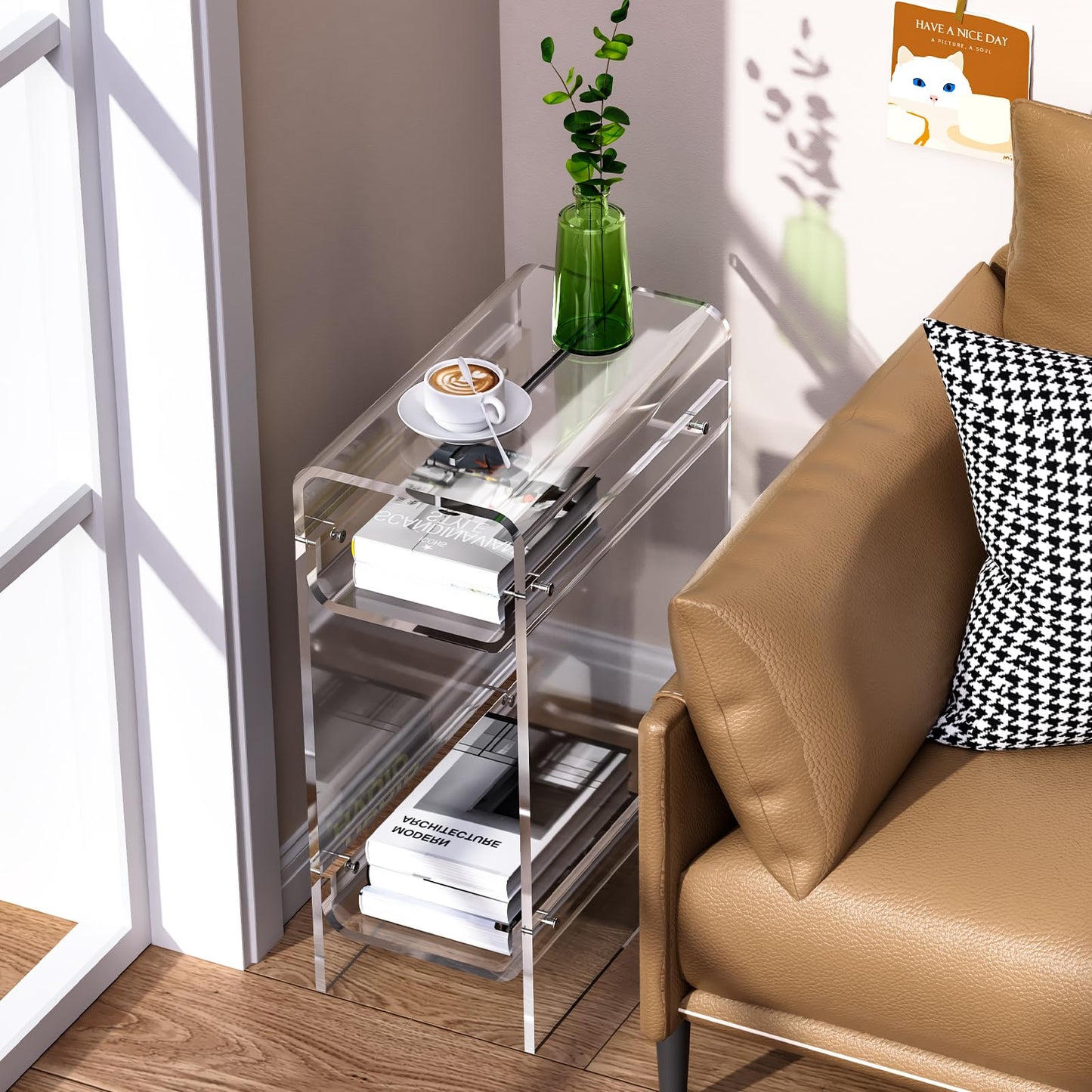 Dewrhiixe Clear Acrylic Side Table Narrow, Slim End Table for Small Spaces, Skinny Nightstand Bedside Table for Bedroom, Living Room, Office