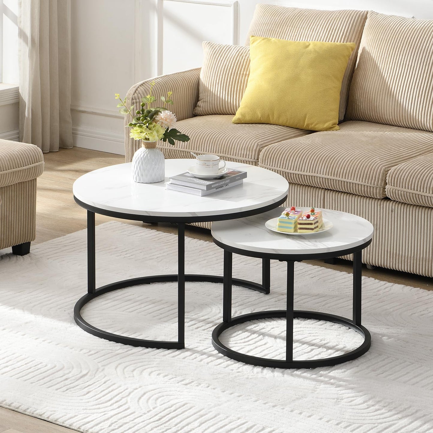Coffee Table, Modern Side Table, Round Nesting Tables Tet of 2, Round Coffee Table for Living Room, Bedroom, Office, 70cm*50cm, White