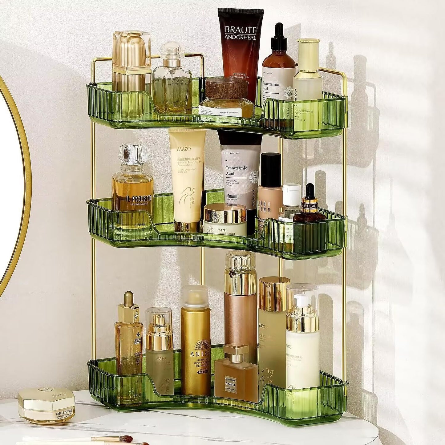 Bingobang Makeup Organiser Corner Trays, 3 Tiers Skincare Cosmetic Organizer Acrylic Large, Storage Tidy for Lipstick, Nail Care, Perfume, Brush,