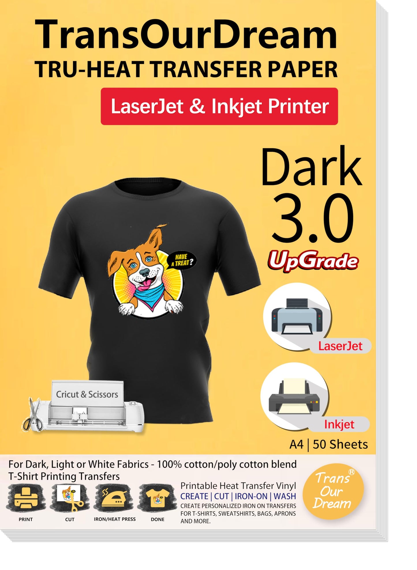 TransOurDream Tru-Transfer Paper Upgraded 3.0 50 Sheets A4 for Inkjet&Laser Printer Iron On Heat Transfer Paper for Dark Fabric Transfer Paper for