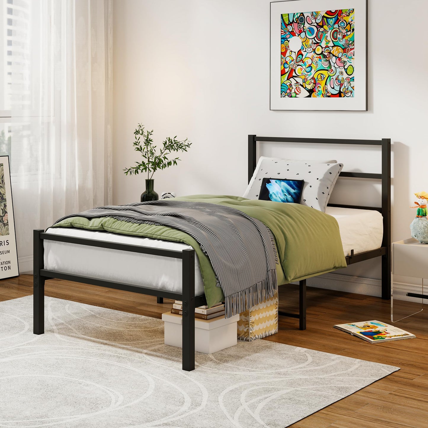 HAHRIR Single Bed Frame with Headboard, Metal Platform Bed Frame Single Size, 3ft Heavy Duty Steel Support, 90x190cm Mattress Foundation with