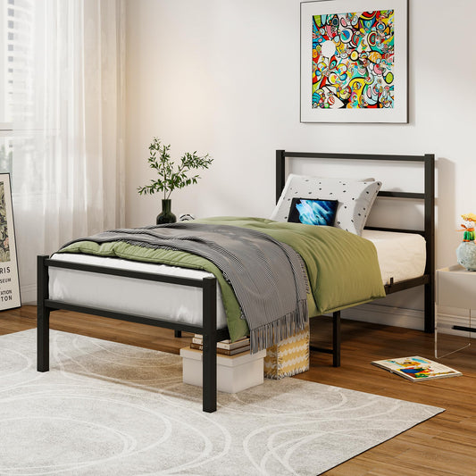 HAHRIR Single Bed Frame with Headboard, Metal Platform Bed Frame Single Size, 3ft Heavy Duty Steel Support, 90x190cm Mattress Foundation with