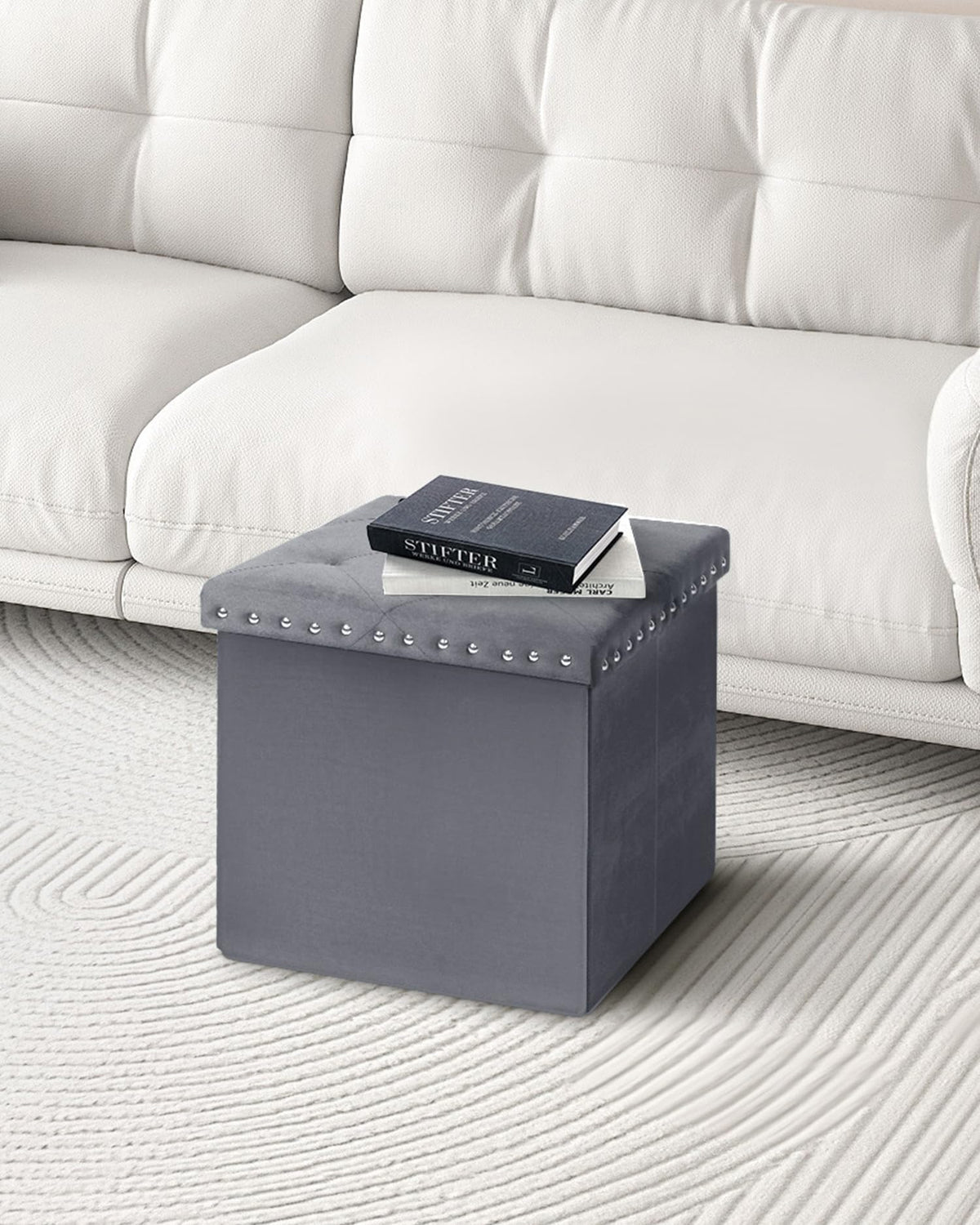 Bonlife Velvet Ottoman Storage, Folding Coffee Table with Seat,Grey,40cm