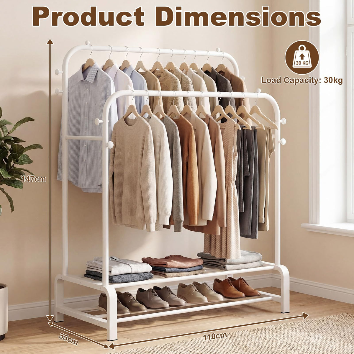 OPPAIYA Heavy Duty Double Rod Clothes Rail, 110cm Garment Rack Supports Up to 80kg Even Weight Distribution