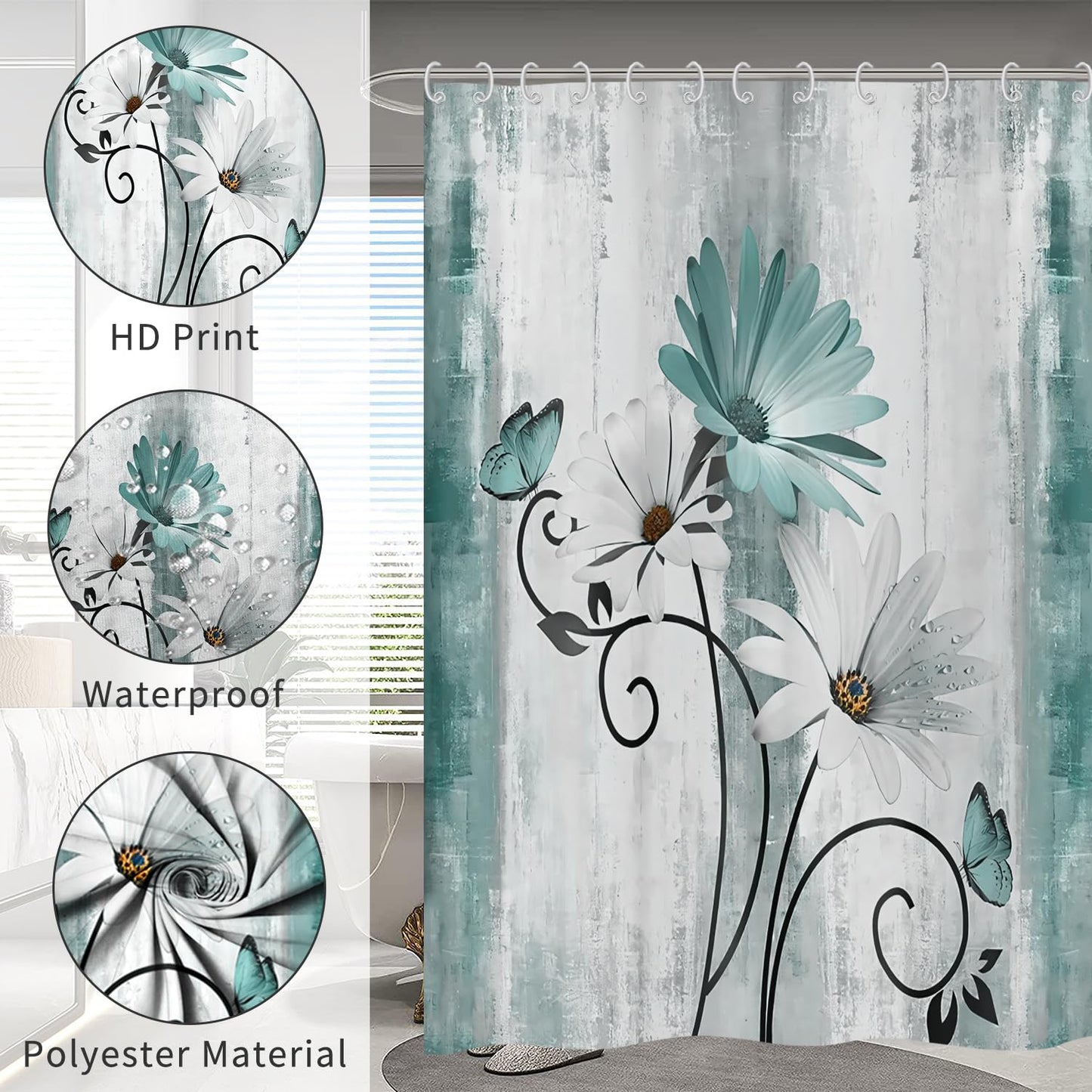 Hnmdmyi Farmhouse Floral Shower Curtain 90x180, Rustic Turquoise Daisy Flowers and Butterfly on Country Wooden Board Bathroom Curtains Waterproof