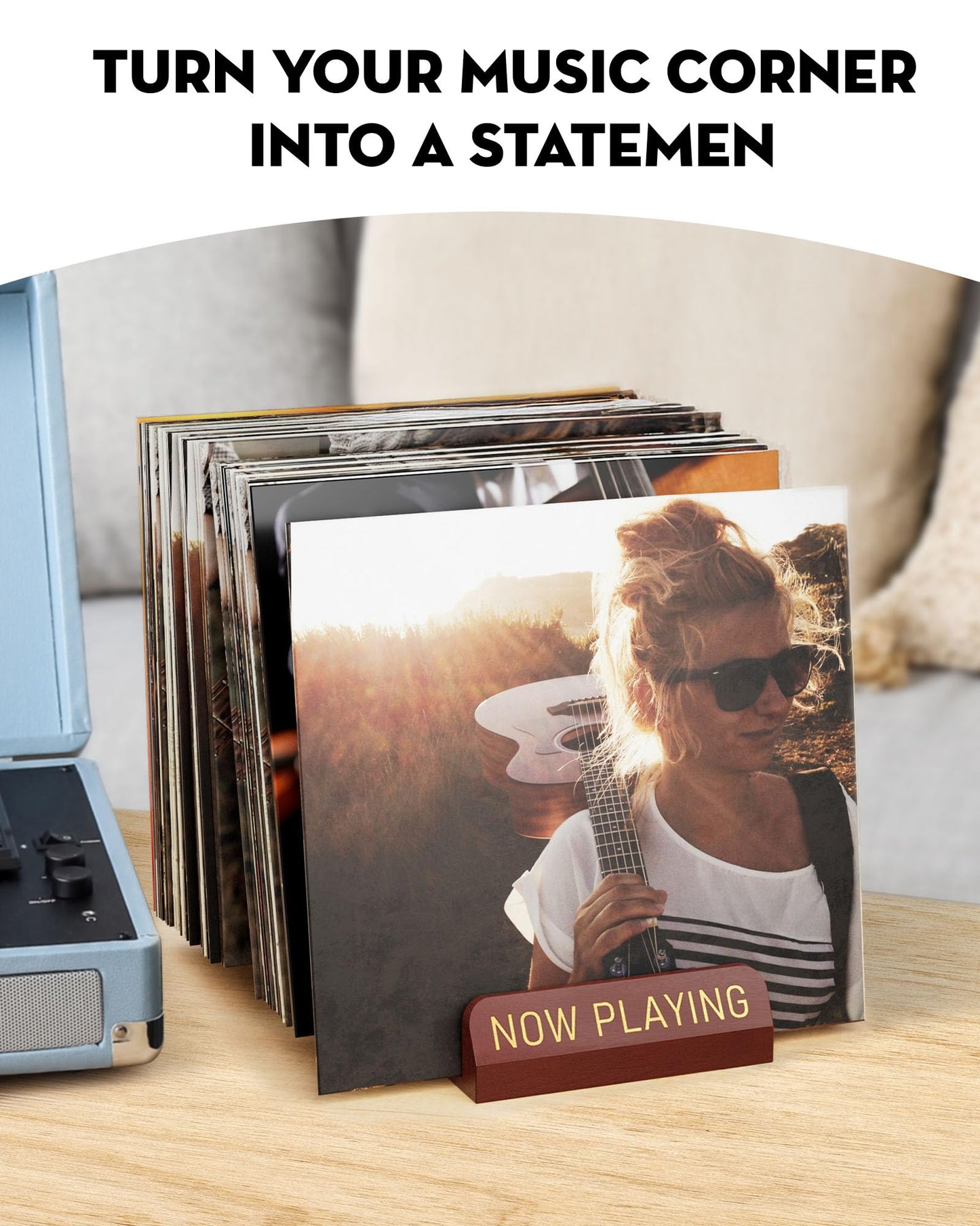 HULISEN Vinyl Record Holder for 50 LPs, Wooden Now Playing Display Stand