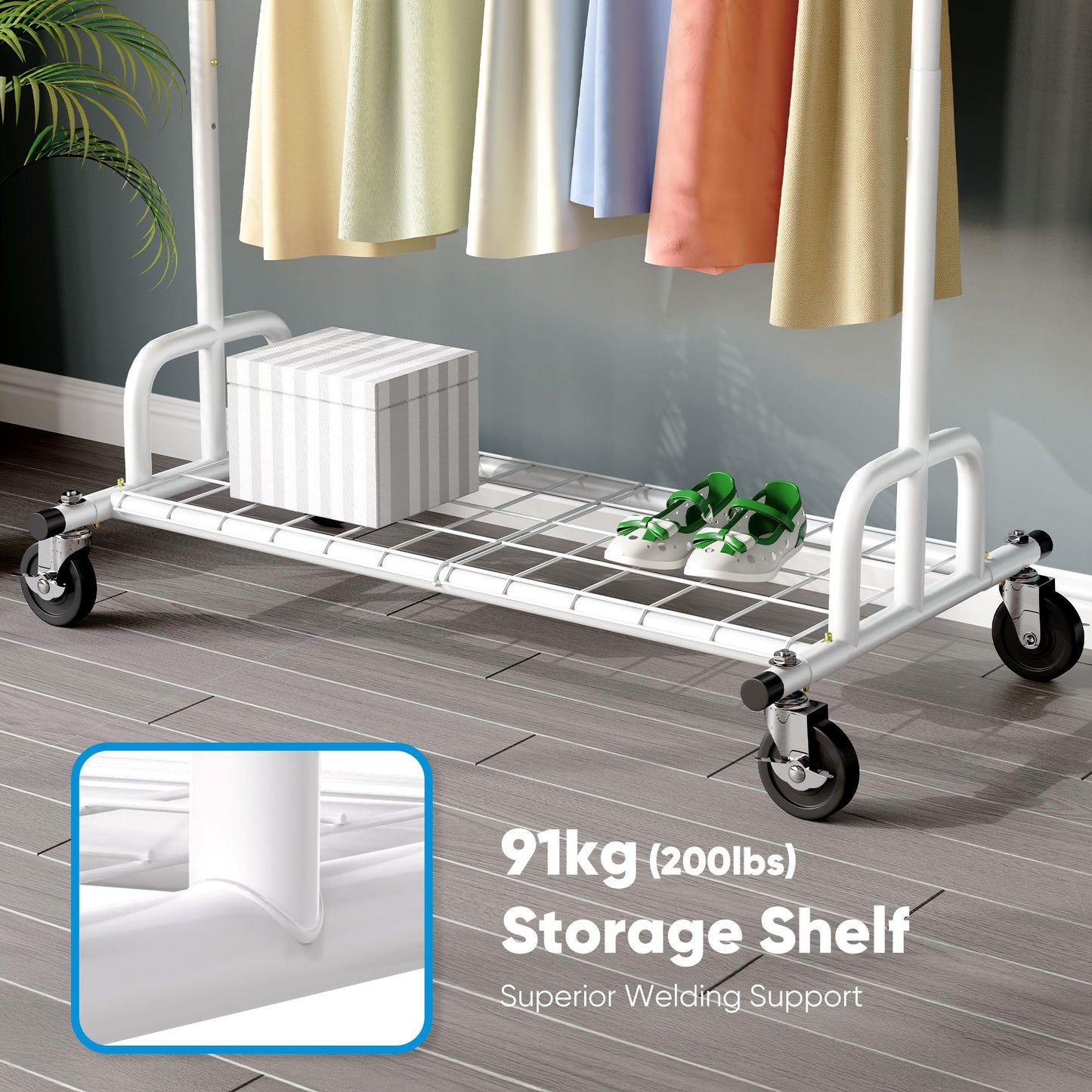 HOKEEPER Heavy Duty Clothes Rail 238kg (525lbs) Capacity, Extendable Hanging Rack with Lockable Wheels & Shelves, Space Saving for Bedroom, Apartment