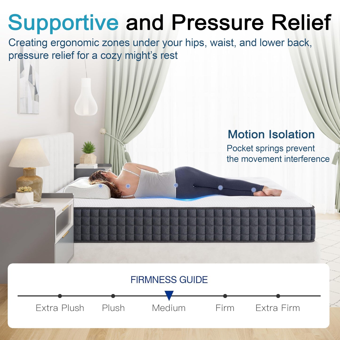 Azure 4FT6 Double Mattress, 10 Inch Memory Foam Hybrid Medium Firm Orthopedic Support with 7-Zone Pocket Springs, Motion Isolation, Pressure Relief