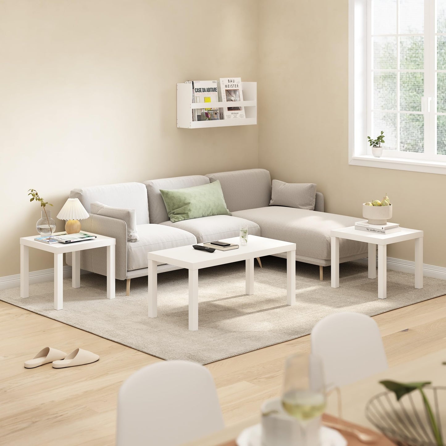 Furinno CLASSIC Side Table Set of 2, Square End Table with 1.8 Thick Tabletop, Night Stand, Bedside Table, for Living Room, Bedroom, White
