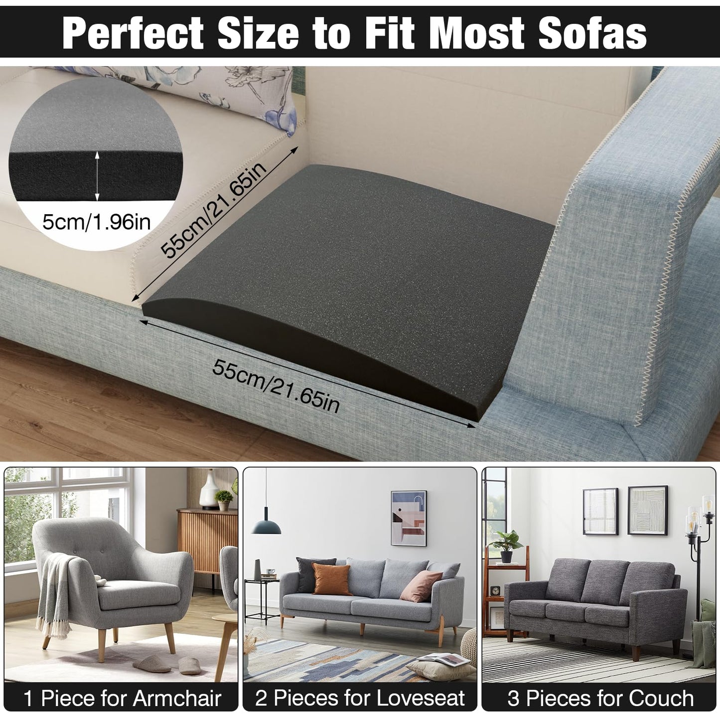 ZYNERY 2 Pcs Sofa Cushion Support, 55 x 55cm High-Density Foam Couch Saver Pad for Sagging Seat Curve Furniture Seat Under Cushion Sag Repair